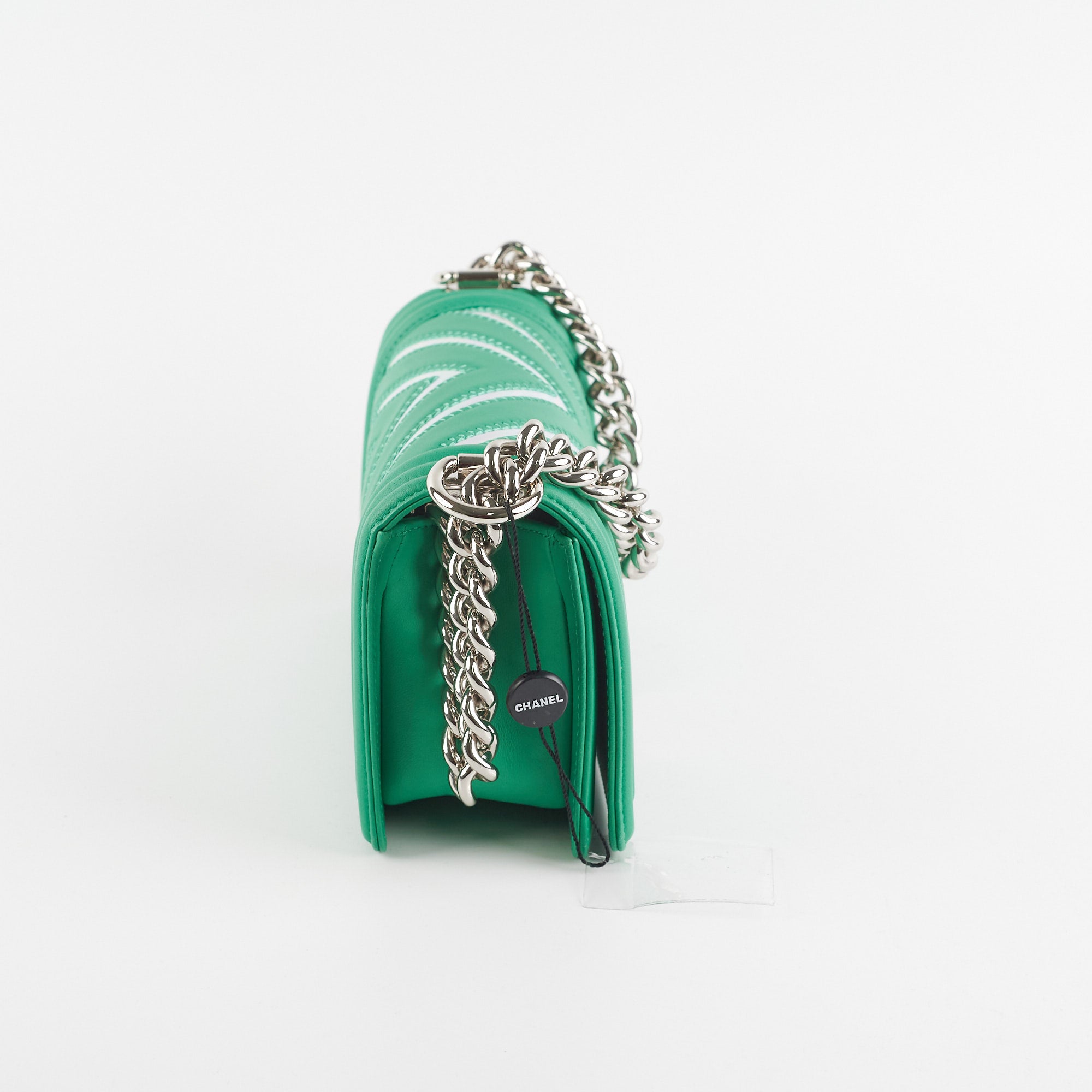 Chanel Chevron Boy Small Green Leather Bag with Holographic PVC Trim - Luxury Crossbody Purse for Women, Perfect for Evening Parties & Special Occasions