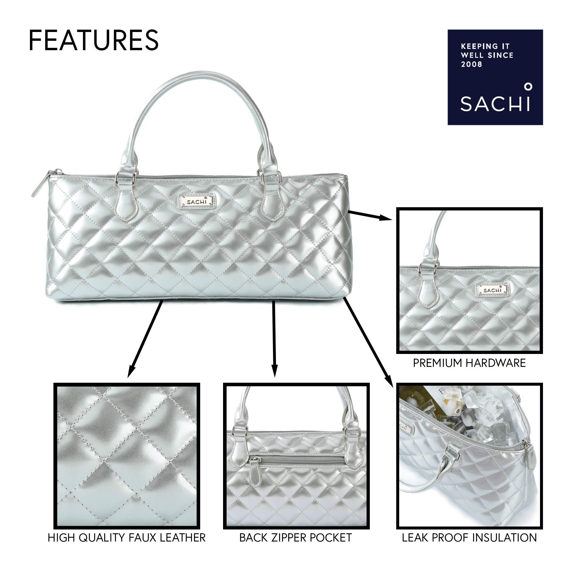 Sachi La Soir'ee Insulated Wine Tote Bag - Faux Leather Quilted Wine Purse & Clutch for Women | Stylish Silver Wine Carrier Cooler Bag for Parties, Picnics & Gifts