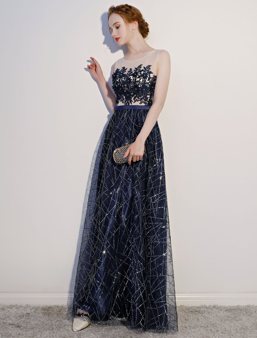 Elegant Dark Navy Evening Gown with Lace & Sequin Details - Illusion Neckline Sleeveless Floor Length Formal Dress for Prom, Gala & Black Tie Events