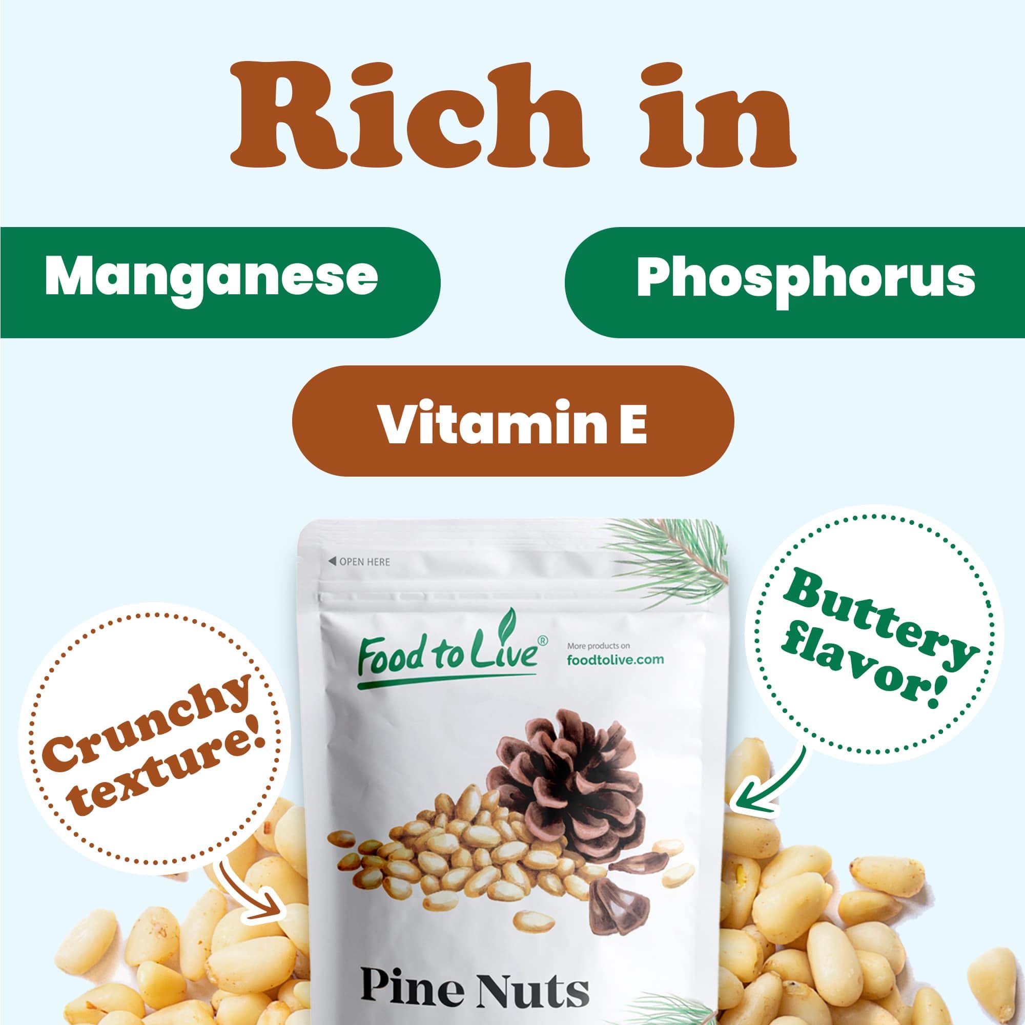 Food to Live - Raw Pine Nuts (Pignolias), 5 Pounds Bulk - Unsalted, Vegan, Kosher, Rich in Vitamin E & Protein - Healthy Snack for Pesto, Salads, Baking, Trail Mix & Mediterranean Cooking
