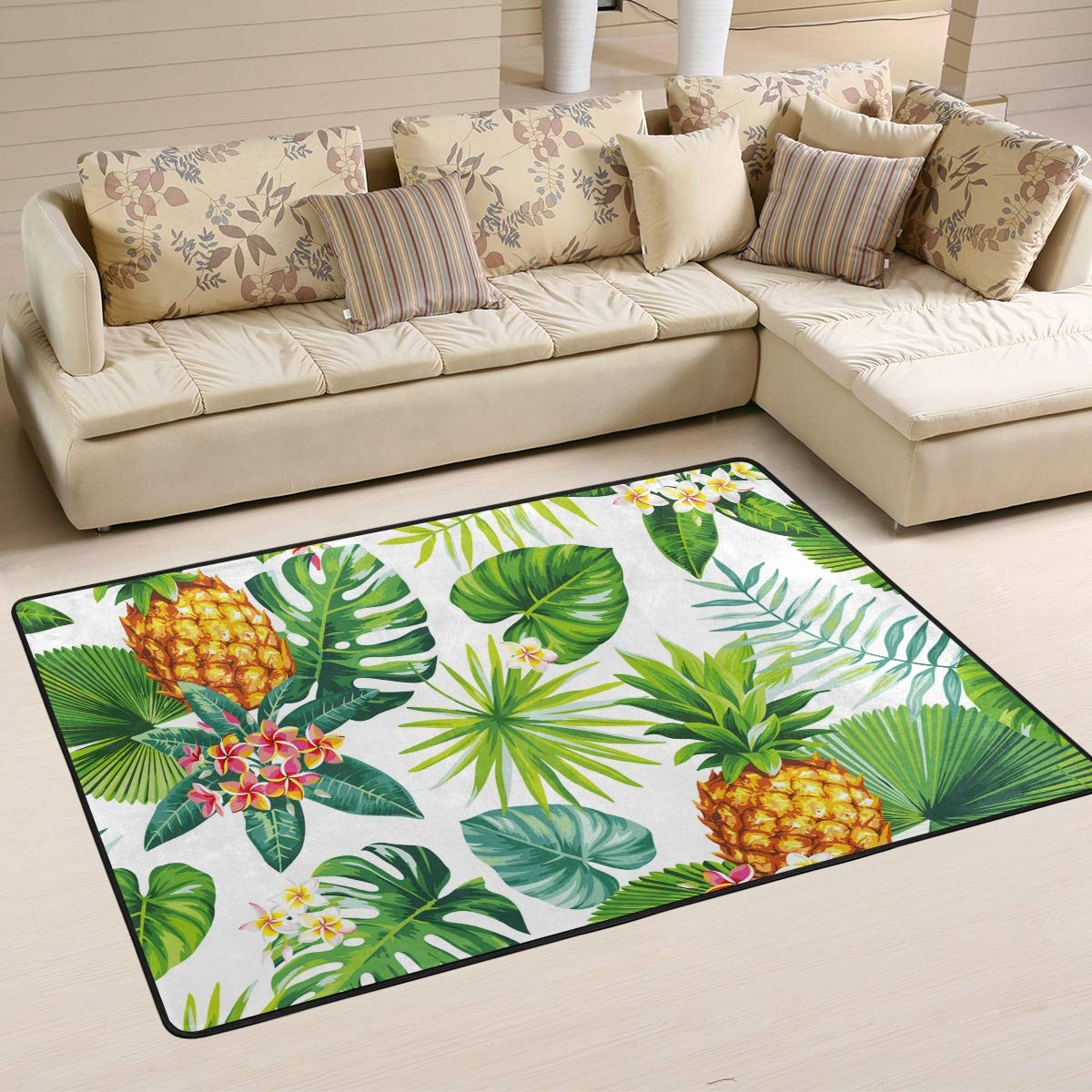ALAZA Non-Slip Pineapple Tropical Doormat - 24x36 Inch Washable Indoor/Outdoor Entrance Mat with Palm Leaf & Flower Design - Perfect for Front Door, Patio, Bathroom & Laundry Room Floor Protection