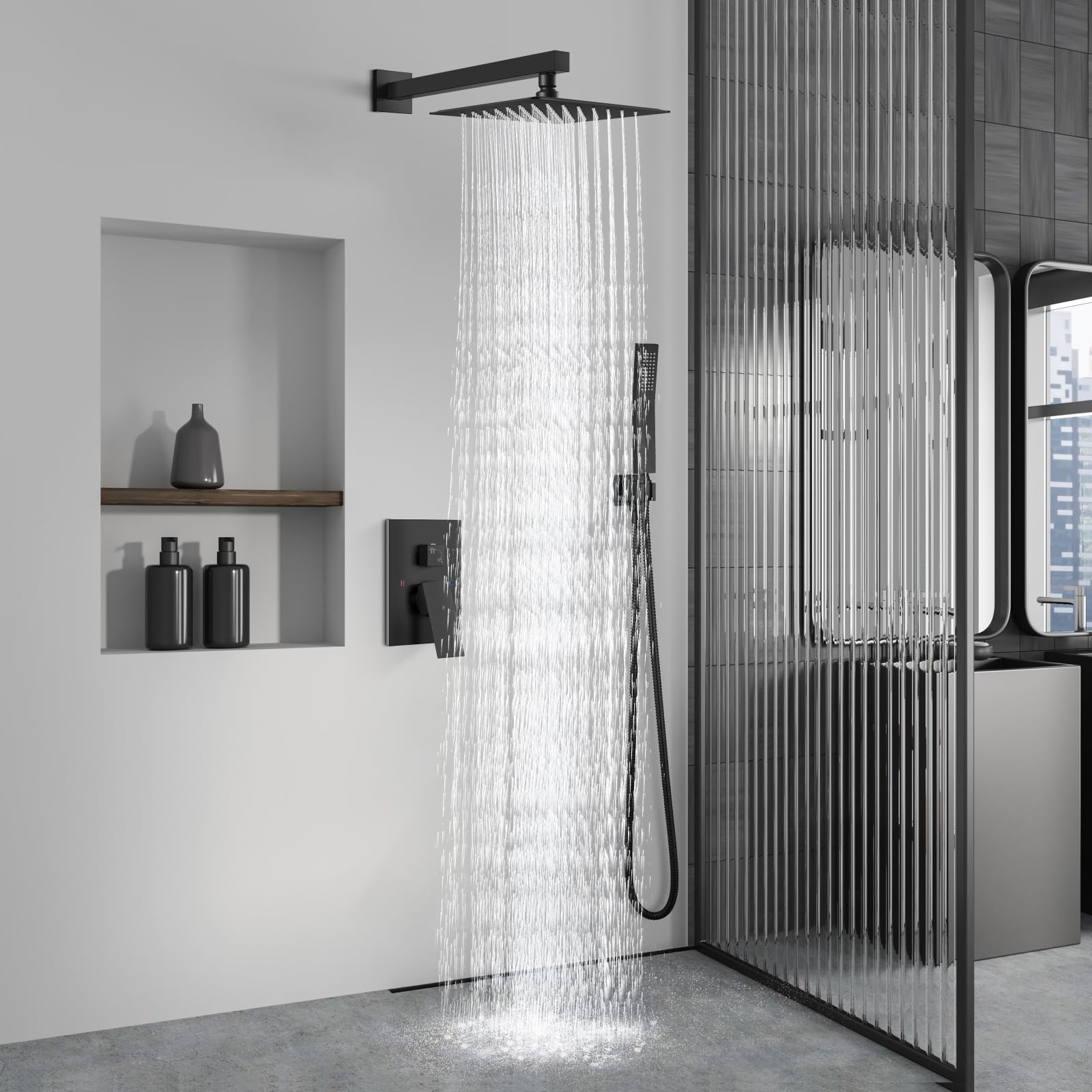 Aolemi Matte Black 8 Inch Wall Mount Shower Faucet Set - Rain Shower System with Handheld Spray, Rough-in Valve & Shower Trim Kit - Perfect for Modern Bathroom Renovation & Spa-Like Shower Experience