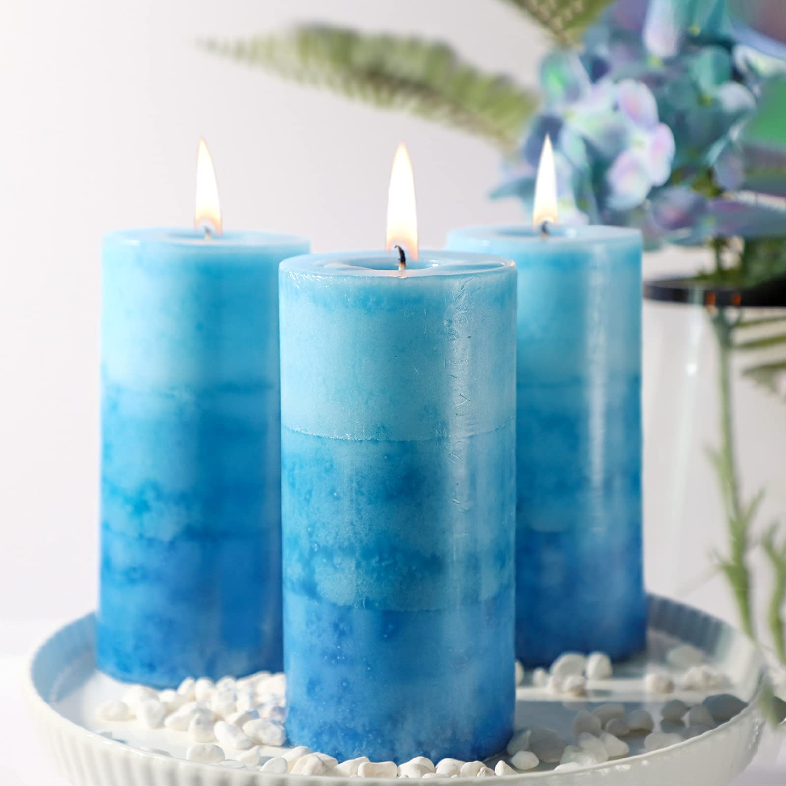 Ocean Scented Pillar Candles 3-Pack - 60+ Hour Burn, Blue Home Fragrance for Relaxation & Spa
