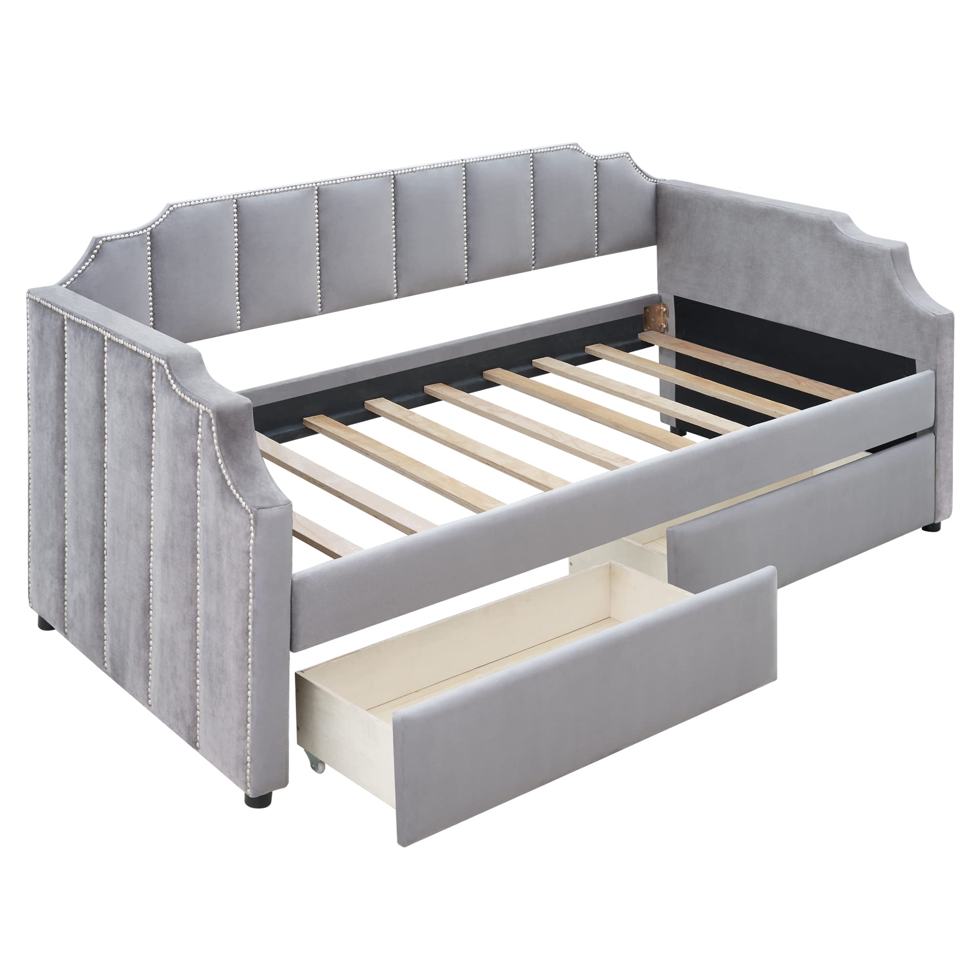 Upholstered Twin Daybed with Storage Drawers, 2 Armrests & Wood Slat Support - Velvet Sofa Bed with Backrest & Rivets (Light Gray) | Perfect for Guest Rooms, Small Apartments & Multi-Functional Living Spaces
