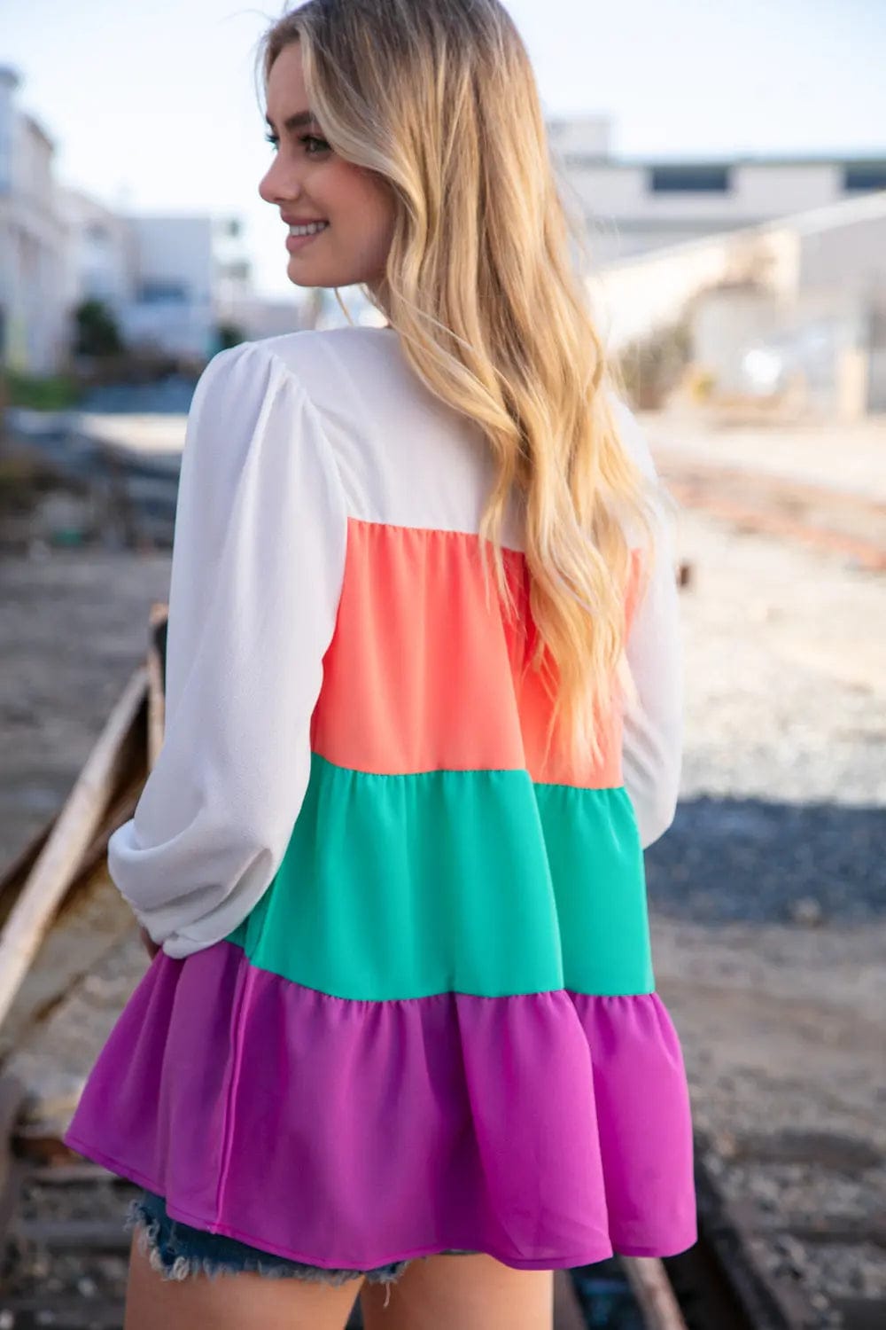 Ivory & Peach Woven Crepe Tiered Blouse for Women - Elegant Flowy Boho Top for Casual Outings & Date Nights