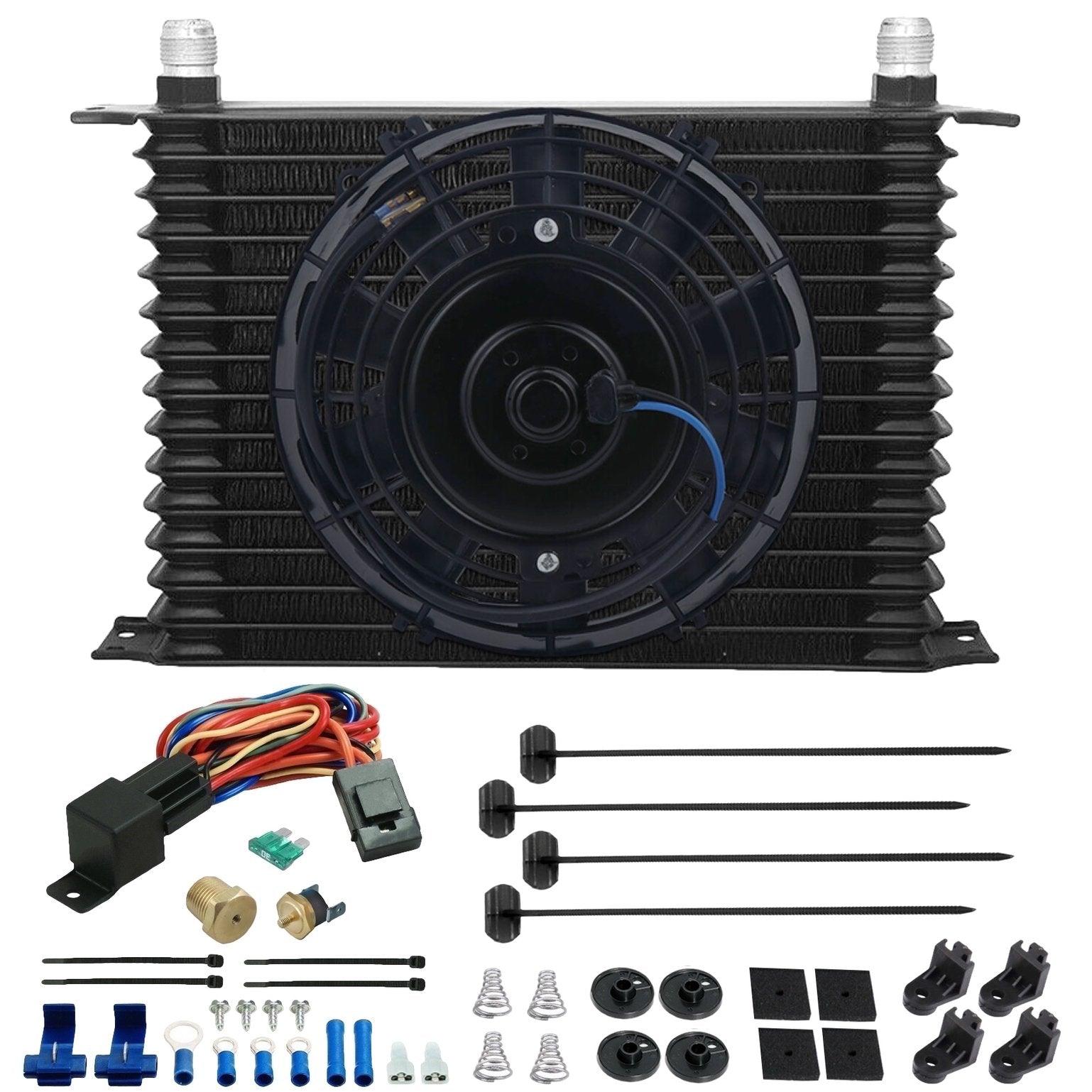15 Row Transmission Oil Cooler Kit with Electric Fan, NPT Fittings & Thermostat Temperature Switch - Perfect for Off-Road Trucks, Racing Vehicles & High-Performance Cars