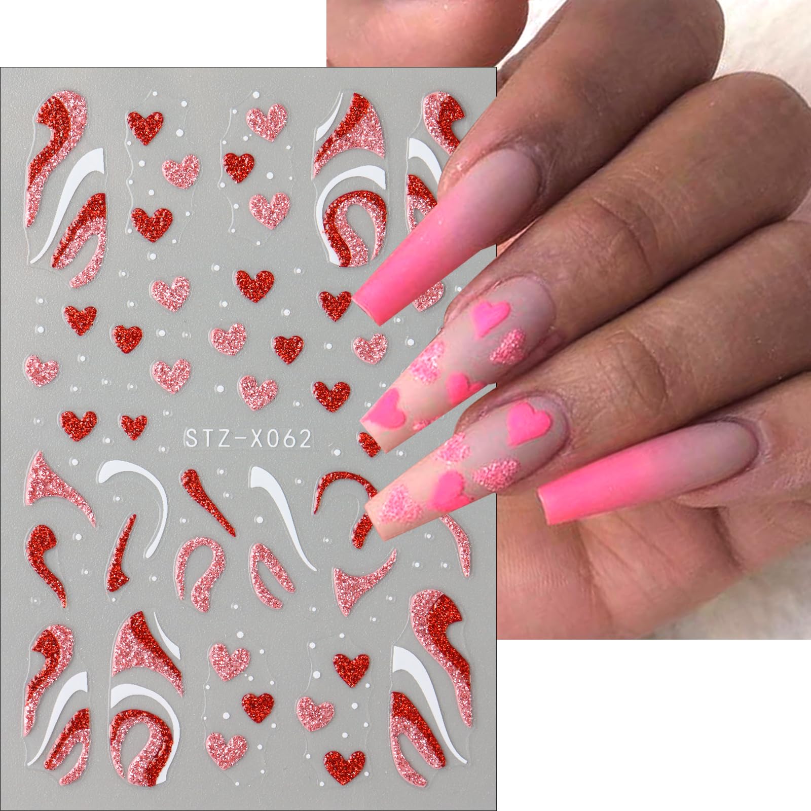 Valentine's Red Heart Nail Stickers - 6 Sheets 3D Nail Art for Women & Girls