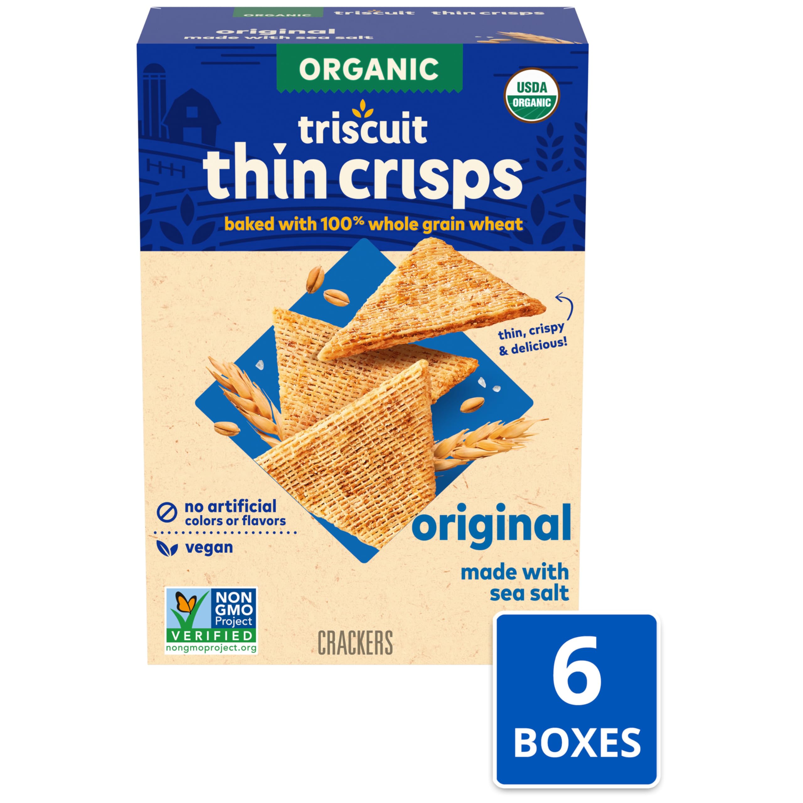 Organic Whole Grain Wheat Crackers | Triscuit Original Vegan Snacks | Gluten-Free Healthy Lunch Box Snacks for Kids & Adults | Perfect for Office, School & Picnics | 6-Pack (6.5 oz Each)