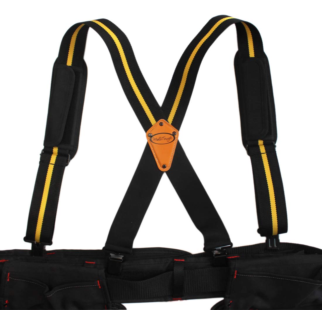 Heavy Duty Tool Belt Suspenders with Movable Shoulder & Padding - Adjustable Work Belt Suspenders for Construction, Carpentry & DIY Projects (Yellow Strip)
