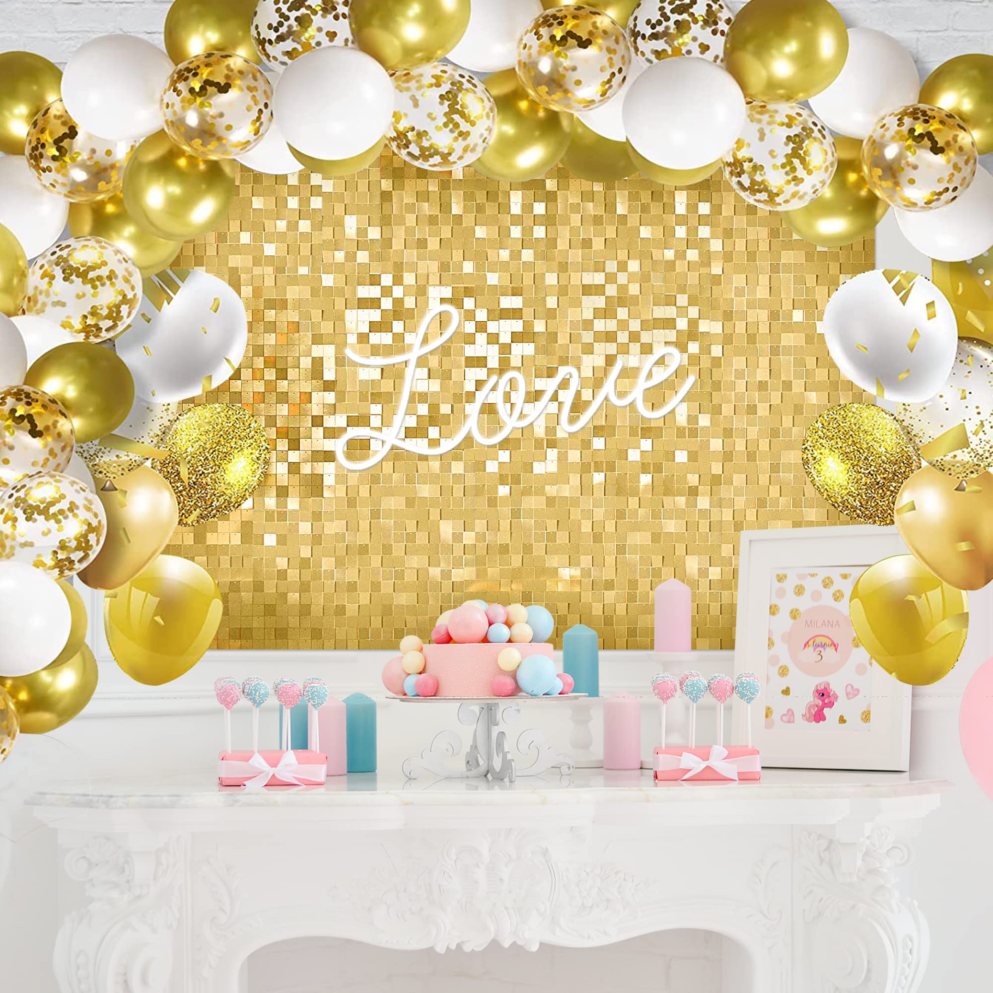Gold Sequin Wall Backdrop - 24 Panels Shimmering Square Sequin Panels for Birthday Party, Wedding, Engagement & Anniversary Decor | Perfect for Event Photography, Home Decor, and Celebration Backgrounds