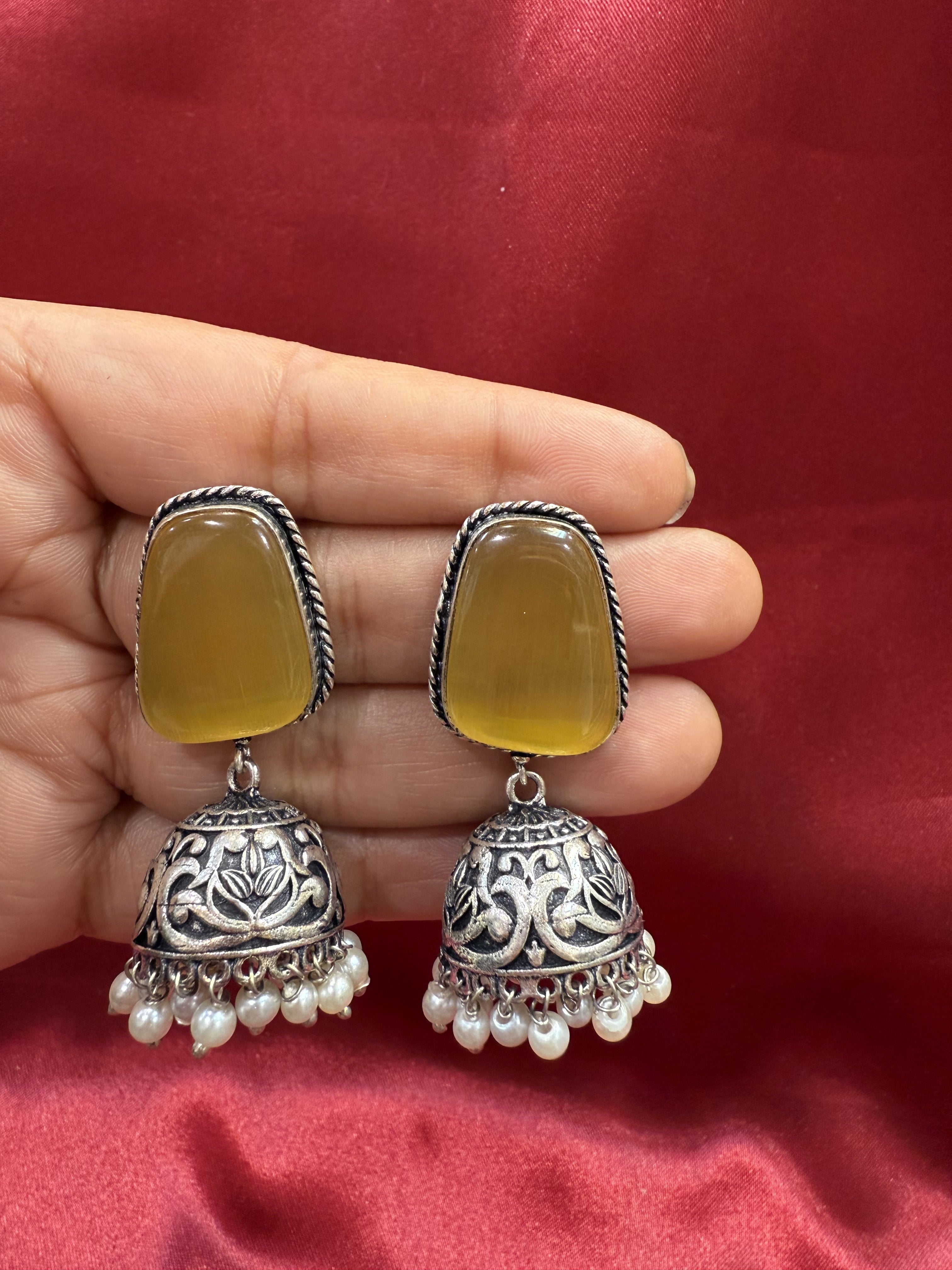 Oxidized Yellow Stone Jhumka Earrings with White Bead Hangings - Boho Ethnic Jewelry for Women, Party Wear, Wedding & Festive Occasions