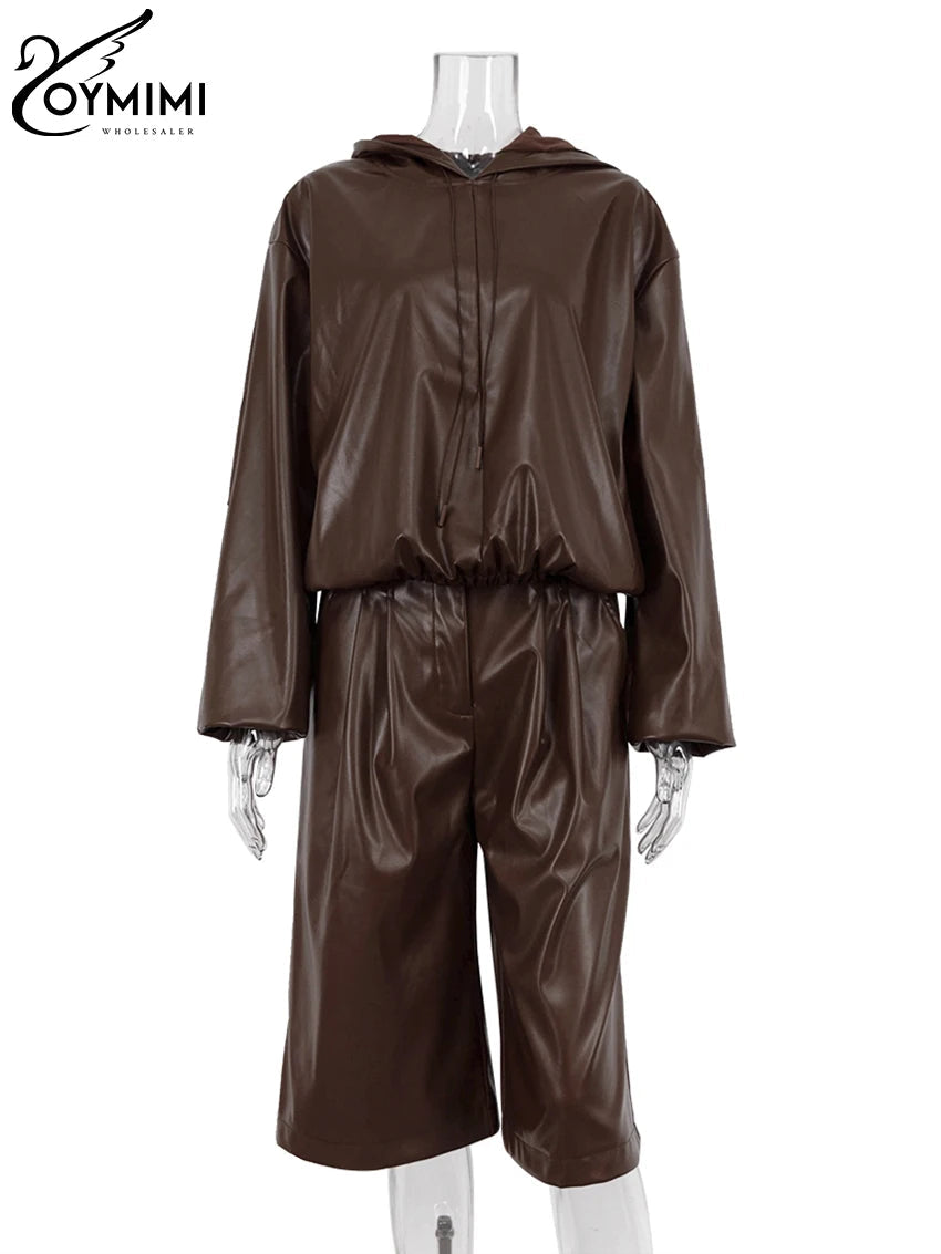 Stylish Brown PU Leather 2-Piece Outfit for Women - Winter Long Sleeve Hooded Shirt with High Waist Pants Set | Perfect for Casual Wear, Office Outfits, and Winter Fashion