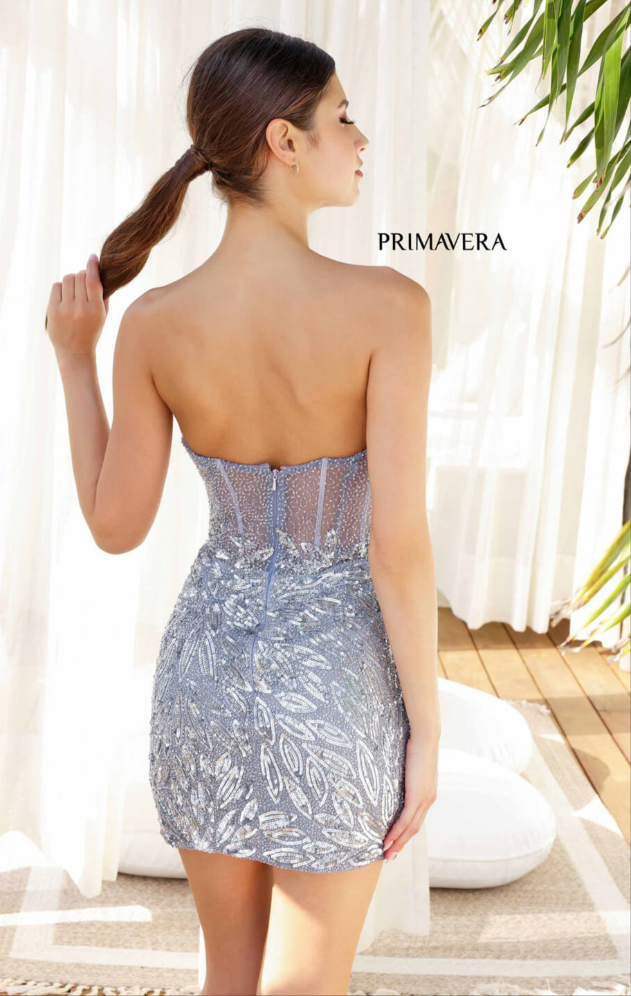 Primavera Sparkling Corset Mini Dress with V Neckline - Elegant Party Wear for Women, Perfect for Evening Events, Prom, and Date Nights