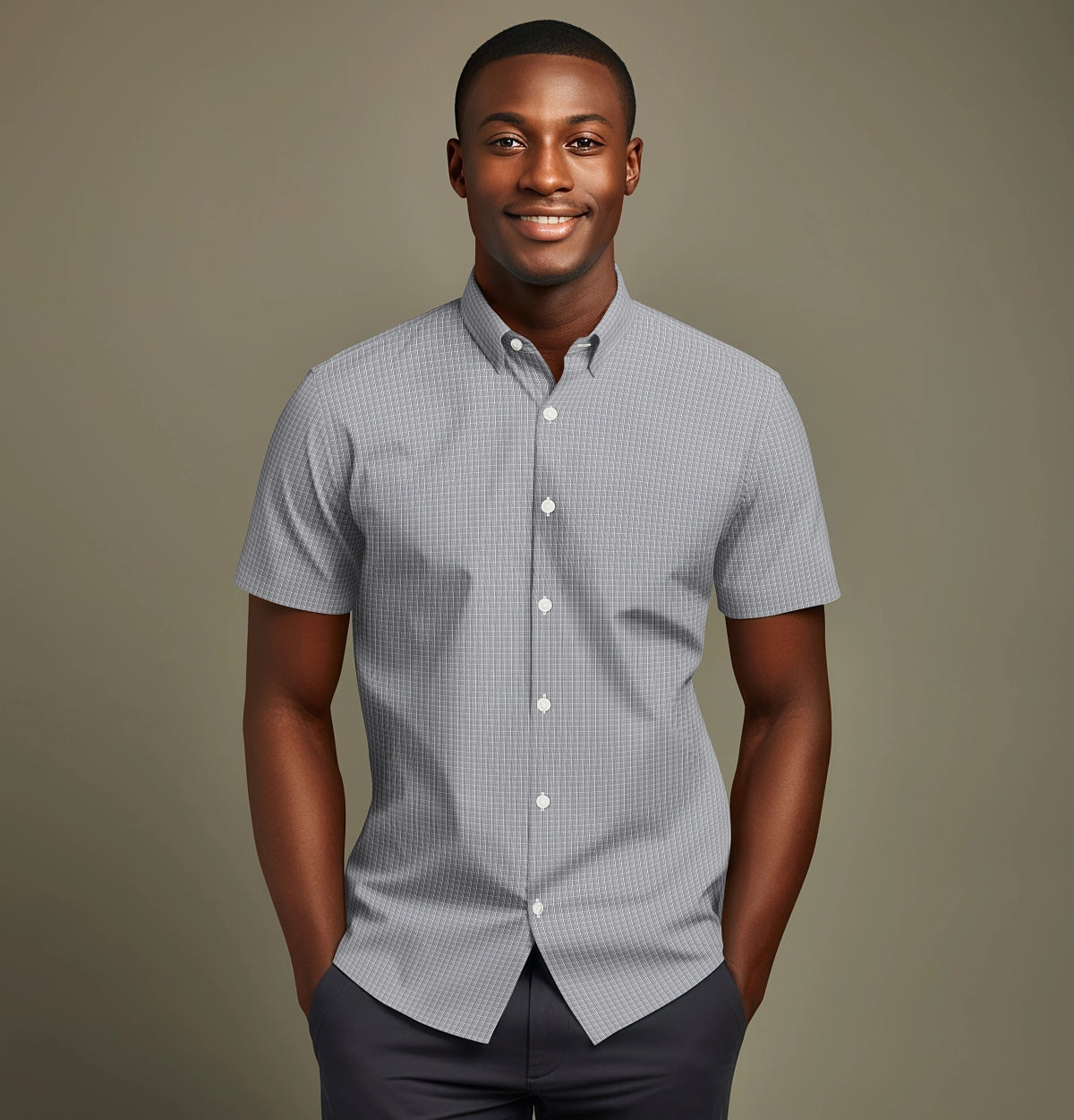 Premium 100% Cotton Short Sleeve Shirt for Men - Soft Charcoal Plaid Button Down Casual Top - Perfect for Office, Date Night & Summer Outings