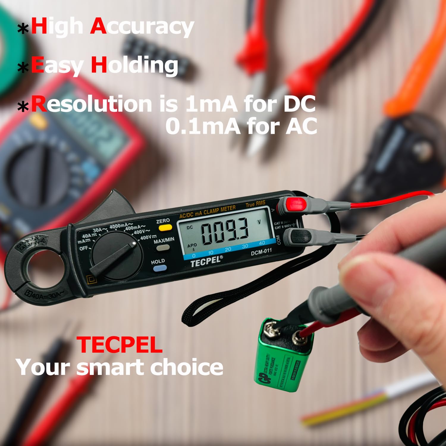 DCM-011 Mini Clamp Meter - True RMS 3999 Counts AC/DC Amp Meter, Digital Clamp Multimeter with Voltmeter, Continuity Tester & Alligator Clips for HVAC, Electrical Work (Ideal for Electricians, DIY Home Repairs & Automotive Diagnostics)