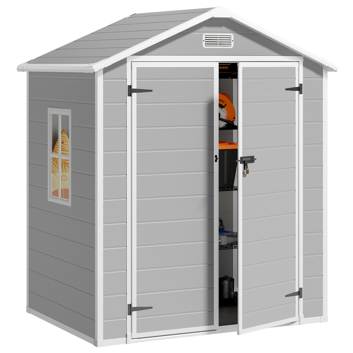 Gizoon 6x4 FT Outdoor Storage Shed - Durable Resin Garden Shed with Lockable Door & Floor - Perfect for Patio, Backyard, Lawn & Pool Storage (Gray) - Ideal for Storing Tools, Pool Supplies & Seasonal Items
