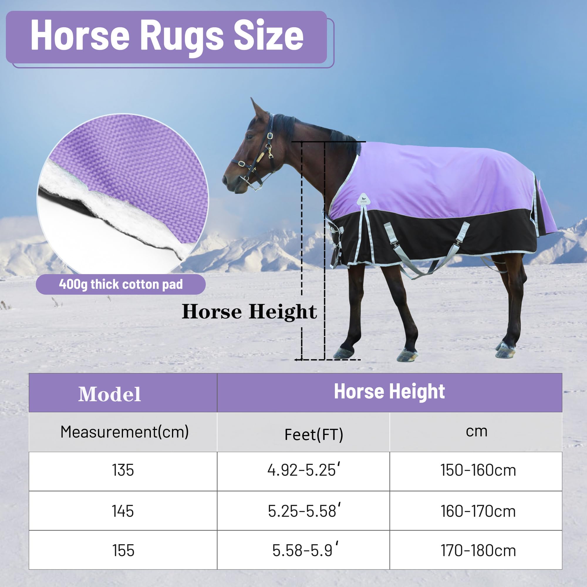 400g Warm Waterproof Horse Turnout Blanket - Winter Waterproof Horse Blanket with Cotton Filling Liner | 1600D Premium Medium Weight (78in/145cm) for Stable & Outdoor Riding