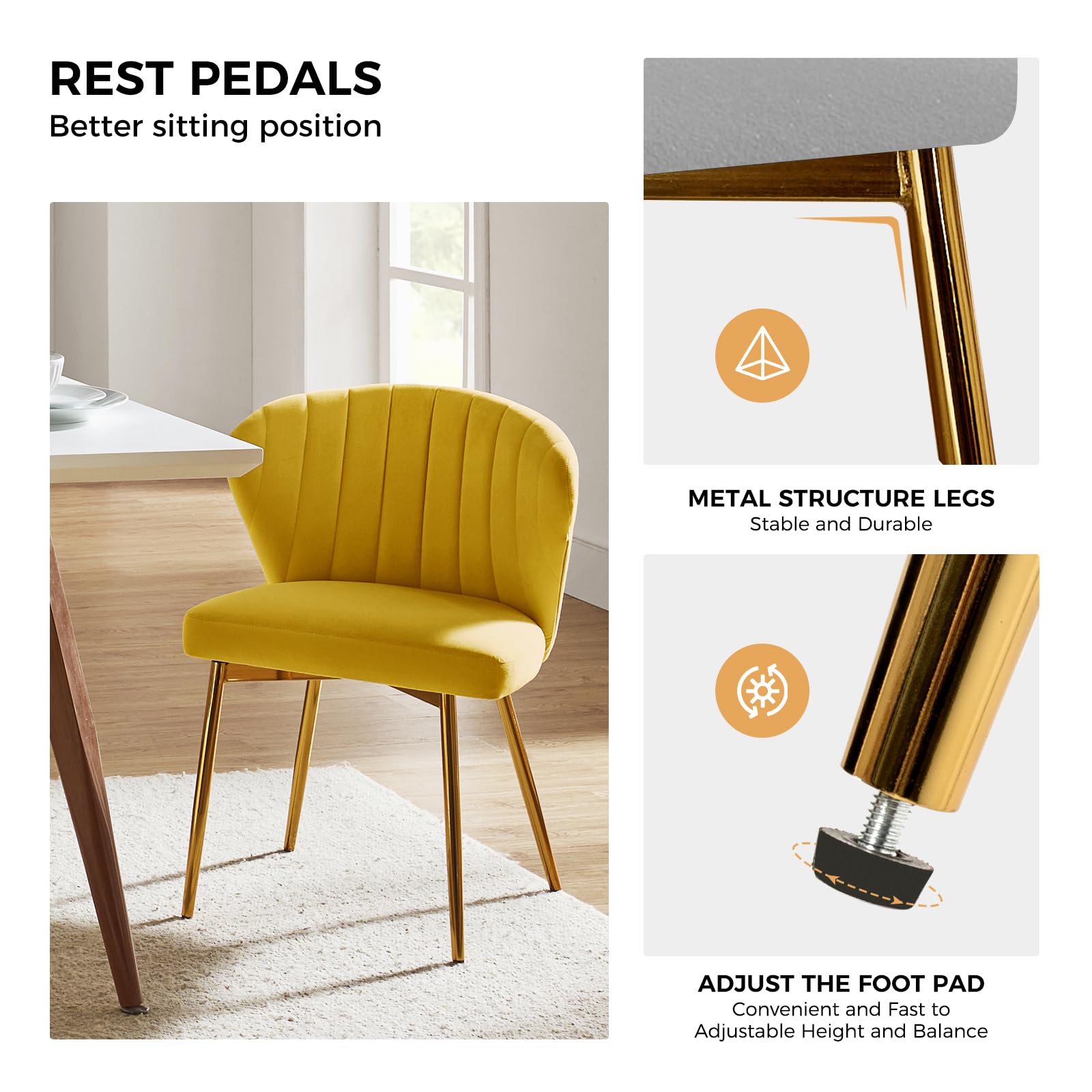 HULALA HOME Velvet Dining Chairs - Modern Small Armless Accent Chair with Gold Metal Legs, Upholstered Living Room Side Chair, Elegant Tufted Back Vanity Chair in Yellow | Perfect for Dining Room, Bedroom, Home Office & Makeup Area