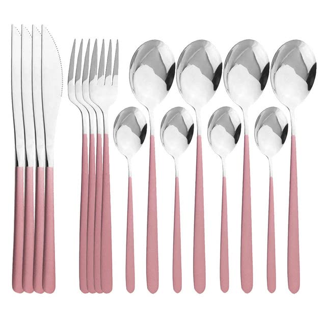 Premium 16-Piece Stainless Steel Flatware Set - 304 Grade Silverware Cutlery with Gold & Green Accents - Knives, Forks & Spoons for Elegant Dining - Perfect for Dinner Parties, Weddings & Everyday Use (Pink Silver)