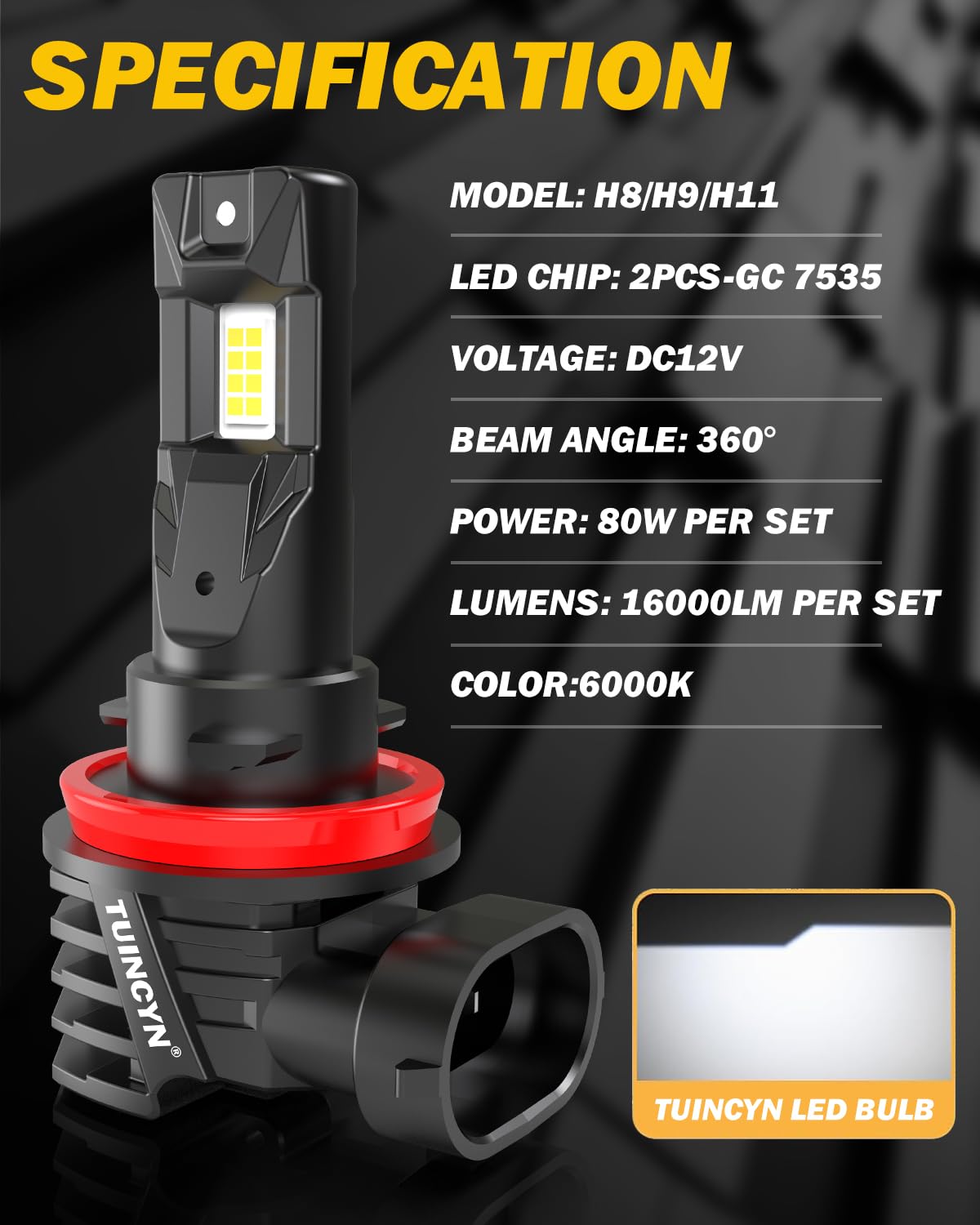 TUINCYN 2024 Upgraded H11/H8 LED Bulb - Super Bright 16000LM 80W 6000K White Fanless Fog Light Bulbs, 1:1 Mini Size, Plug and Play, No Adapter Required, Non-Polarity, Pack of 2 - Perfect for Trucks, SUVs, and Off-Road Vehicles in Foggy or Low Visibility Conditions