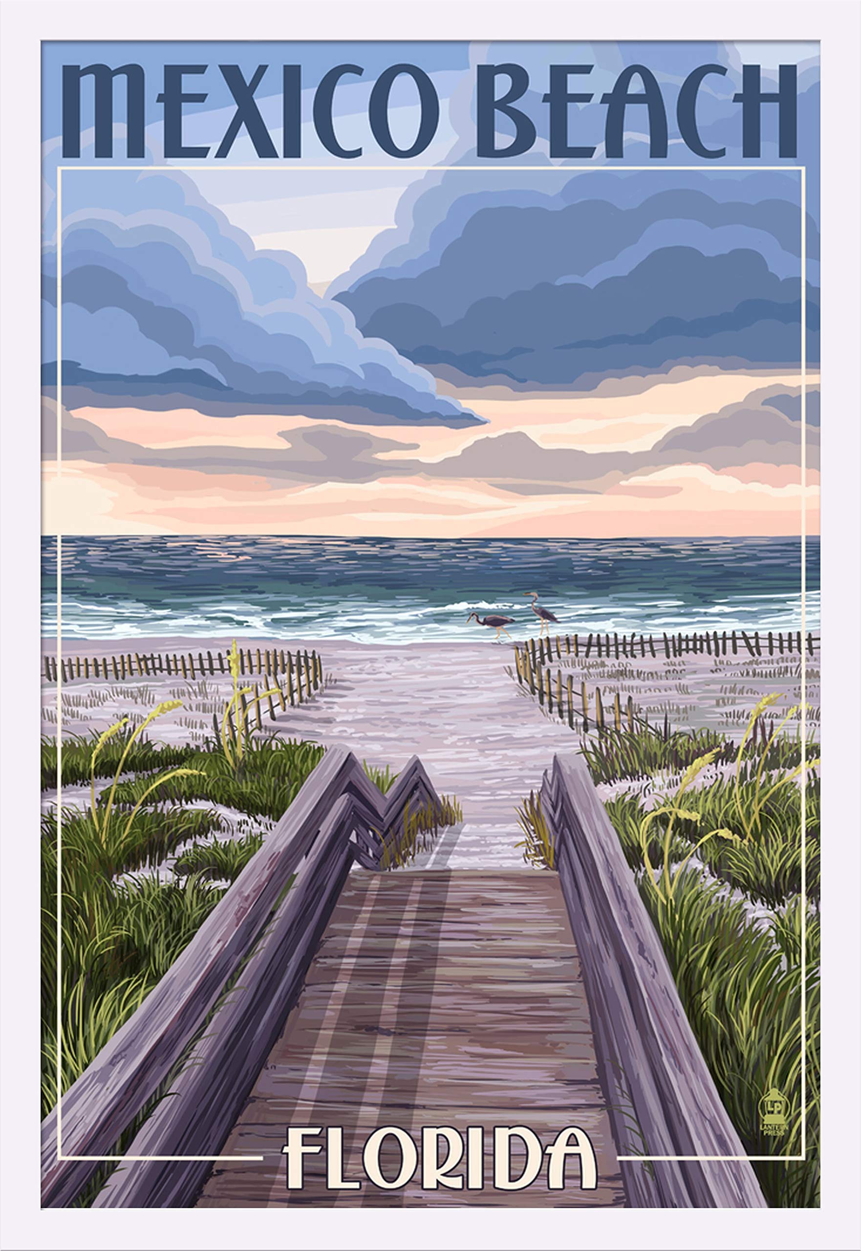 Mexico Beach Florida Beach Boardwalk Art Print - 24x36 Giclee Gallery Framed White Wood - Coastal Wall Decor for Living Room, Bedroom & Office