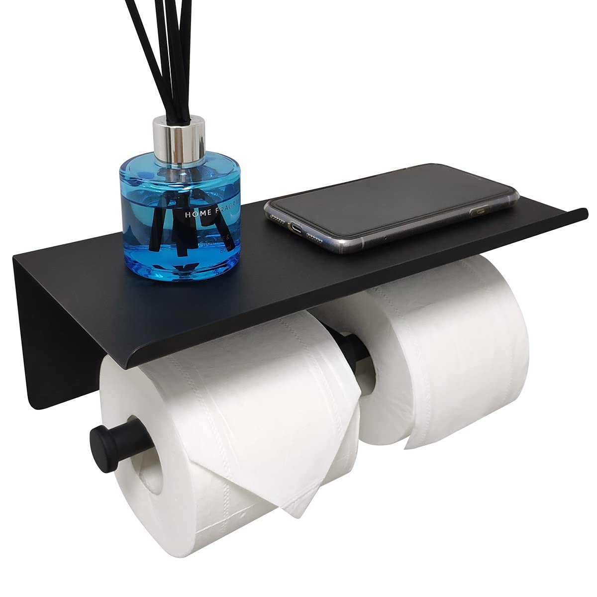 Double Toilet Paper Holder with Shelf - Matte Black Wall Mounted Bathroom Tissue Dispenser, Dual Large Rolls TP Holder, SUS 304 Stainless Steel - Perfect for Bathroom, Kitchen, and Laundry Room Organization