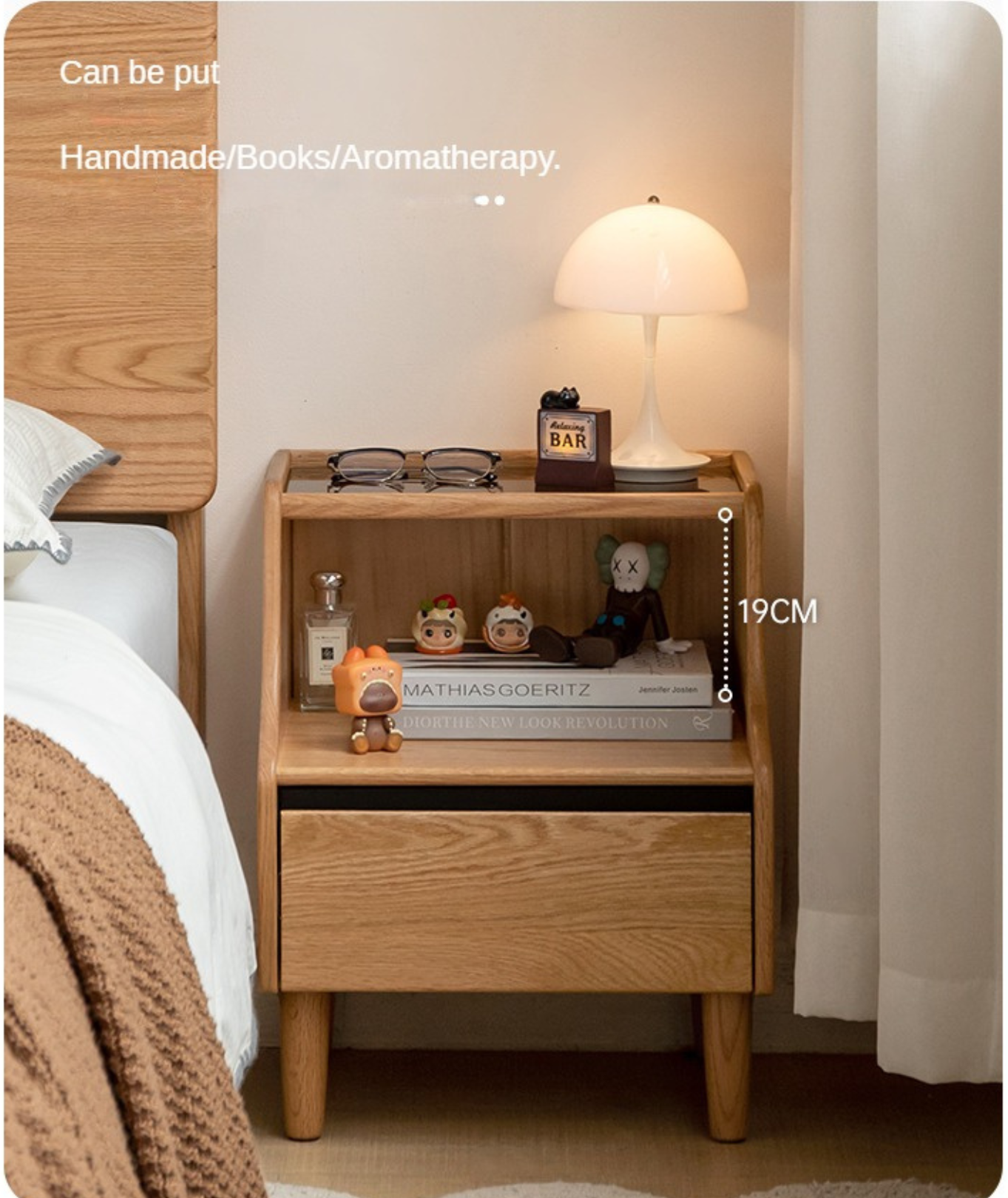 Solid Oak Wood Nightstand with Glass Top - Modern Bedside Table for Bedroom, Living Room, or Office