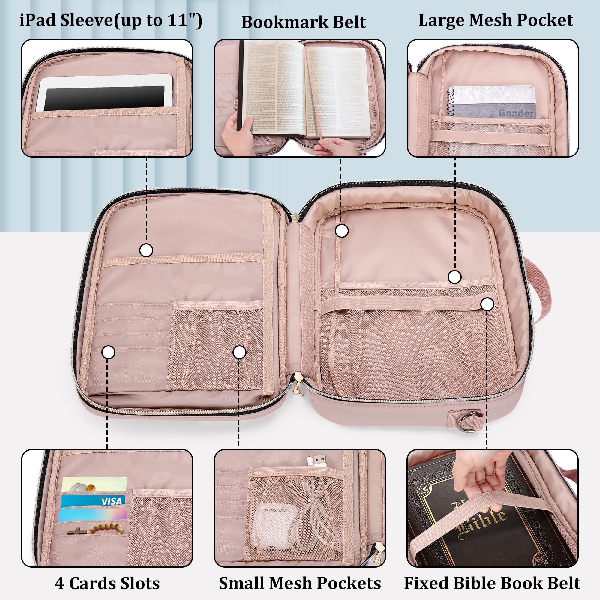 Teamoy Large Bible Cover for Men & Women - Quilted Church Book Bag with Shoulder Strap & Detachable Pen Slots (Pink) - Perfect for Sunday Service, Bible Study & Travel