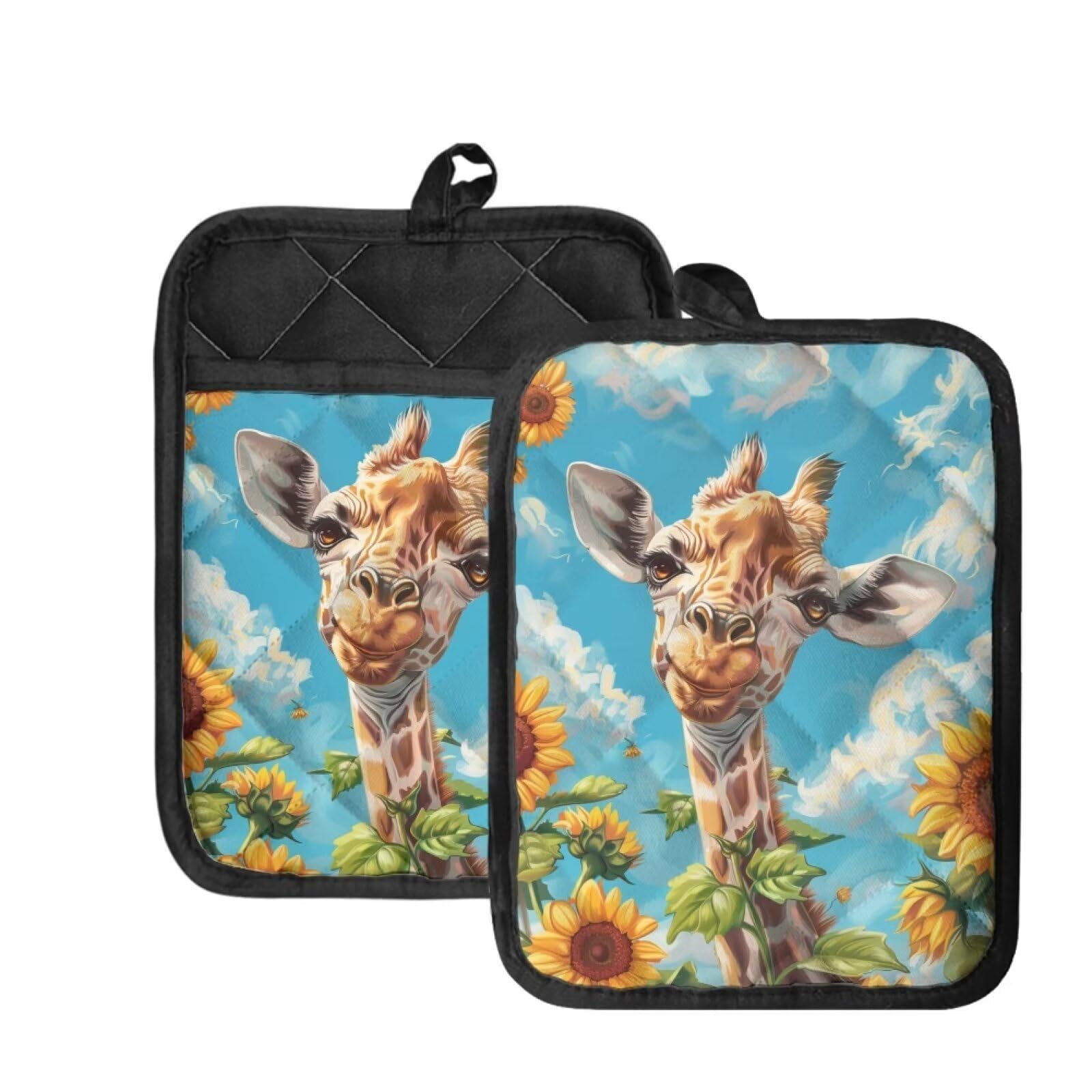 WELLFLYHOM Sunflower Giraffe Pot Holders Set - 2 Piece Heat Resistant Kitchen Pads with Pockets, Non-Slip Oven Mitts & Cooking Gloves for Thanksgiving Baking, Roasting & Grilling - Perfect for Holiday Cooking & Home Kitchen Use