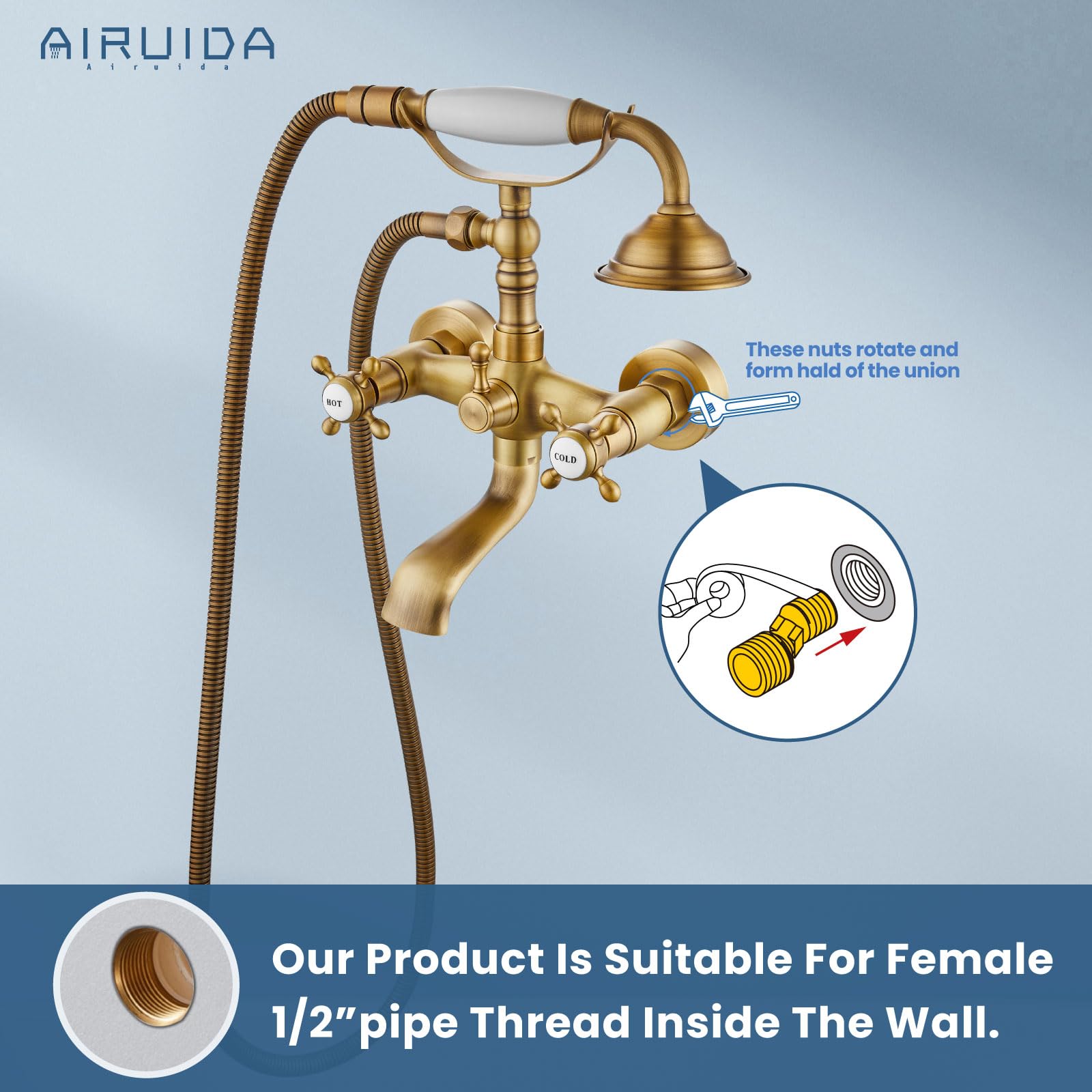 Antique Brass Wall Mount Bathtub Faucet with Handheld Shower Sprayer - Vintage Style Double Cross Handle Hot/Cold Water Mixer Tap - Perfect for Classic Bathroom Renovations & Spa-Like Showers