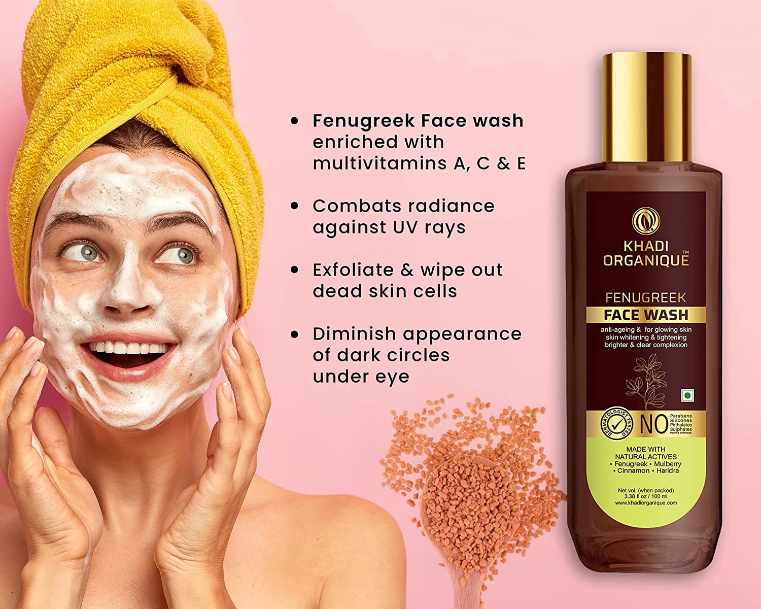 Organic Fenugreek Face Wash for Youthful Glowing Skin - Skin Brightening, Whitening & Anti-Aging Formula (100ml) | Gentle Daily Cleanser for Radiant Complexion - Perfect for Morning & Night Skincare Routine