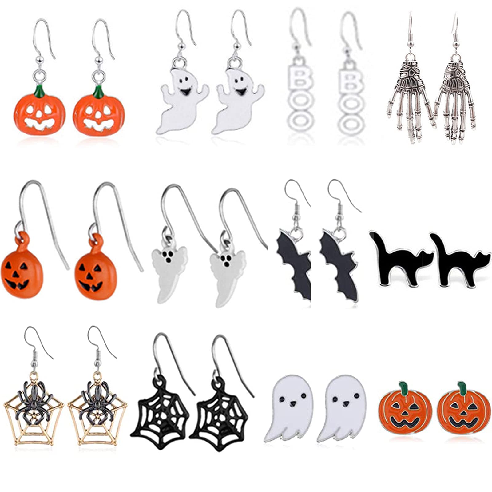 13 Pairs Halloween Dangle Earrings for Women - Pumpkin, Bat, Black Cat & Spider Web Stud Earrings Set | Cute Halloween Jewelry Gift for Girls & Women | Perfect for Halloween Parties, Costume Accessories & Trick or Treat