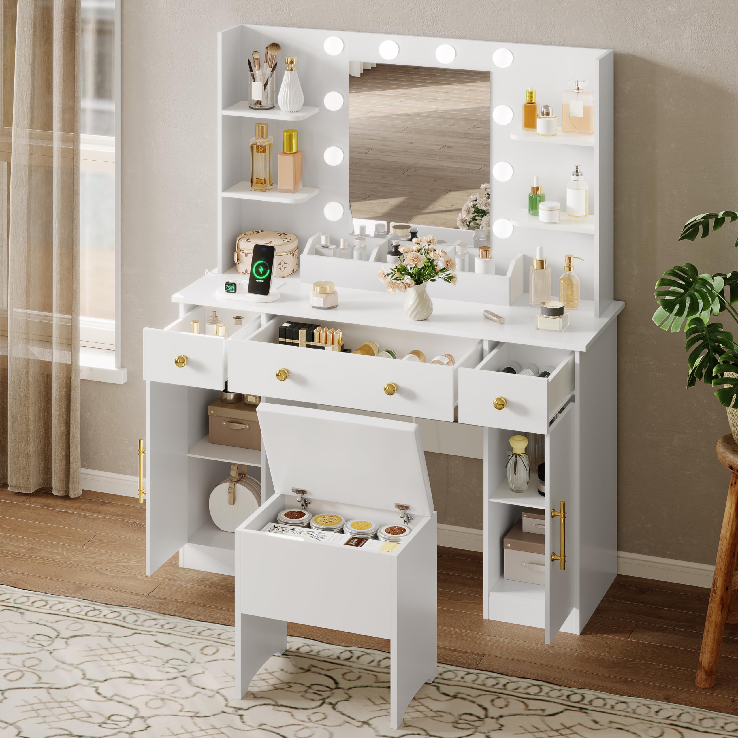 Vanity Desk with Mirror and Lights - Makeup Vanity Set with Charging Station, 3 Drawers & Stool - White Vanity Desk with RGB LED Lights for Women - Perfect for Bedroom, Dressing Room & Beauty Salon