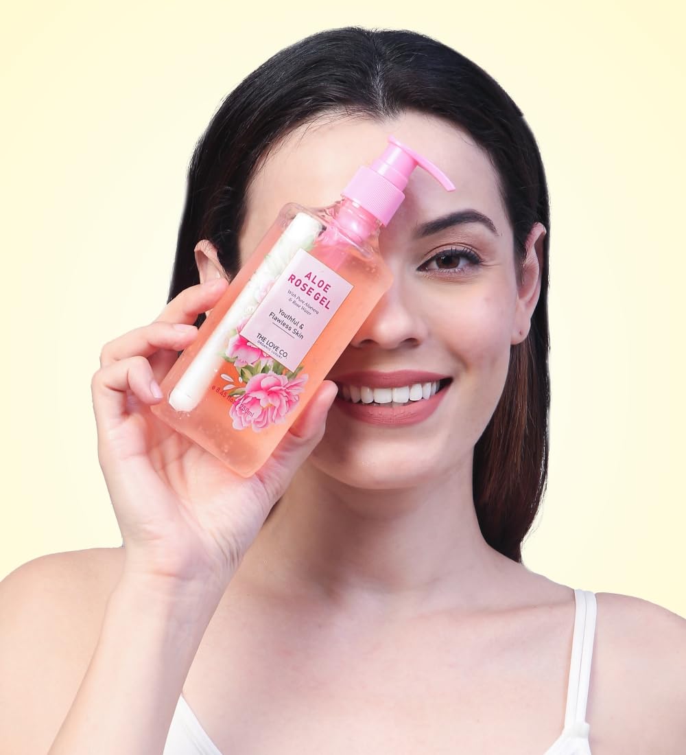 THE LOVE CO. Aloe Vera & Rose Water Gel - 250ml | Vitamin E-Enriched Hydrating Face & Body Moisturizer for Dry Skin | Sunburn Relief, Skin Rejuvenation & Daily Hydration | Perfect for After-Sun Care & Sensitive Skin Soothing