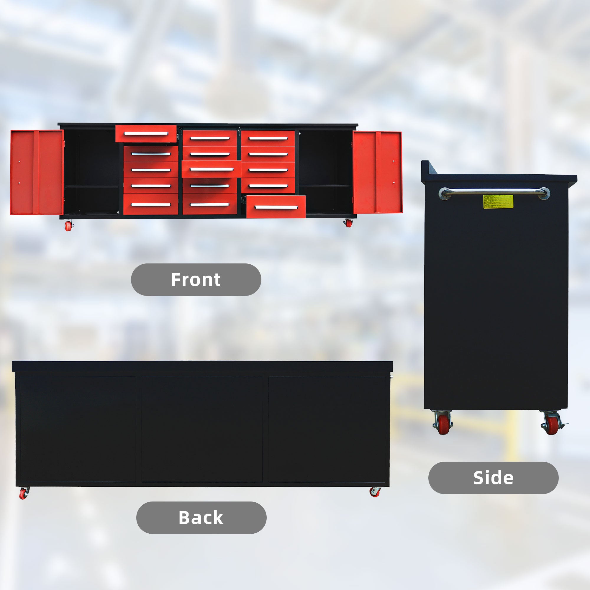 10ft Heavy Duty Storage Cabinet with Work Bench - 15 Drawers & 2 Cabinets, Red - Perfect for Garage Organization, Workshop Storage & Home Office Furniture