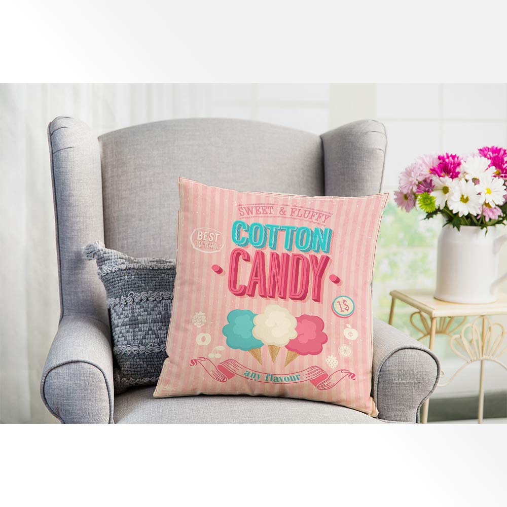 EKOBLA 18x18 Inch Cotton Candy Throw Pillow Cover - Sweet Ice Cream Design, Funny Best in Town Dessert Print, Soft Pink Cozy Square Cushion Case for Bedroom, Living Room, Sofa - Home Decor Gift for Men, Women, Boys & Girls (Cotton Linen Blend)