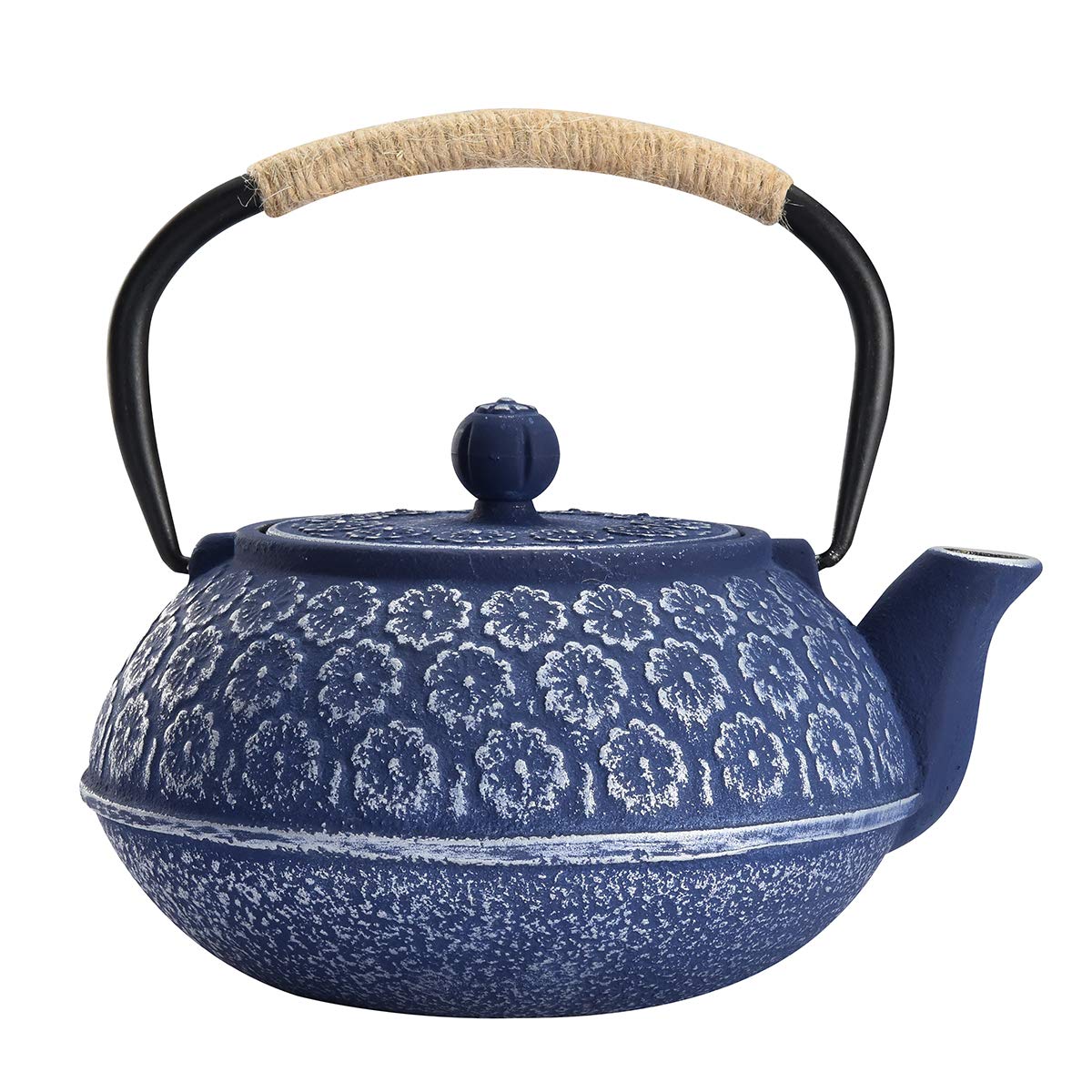Japanese Style Cast Iron Teapot (Tetsubin) - 34oz/1000ml Enamel Lined Tea Kettle with Removable Stainless Steel Filter - Blue Floral Design for Loose Tea, Tea Bags & Coffee - Perfect for Home, Office & Japanese Tea Ceremonies