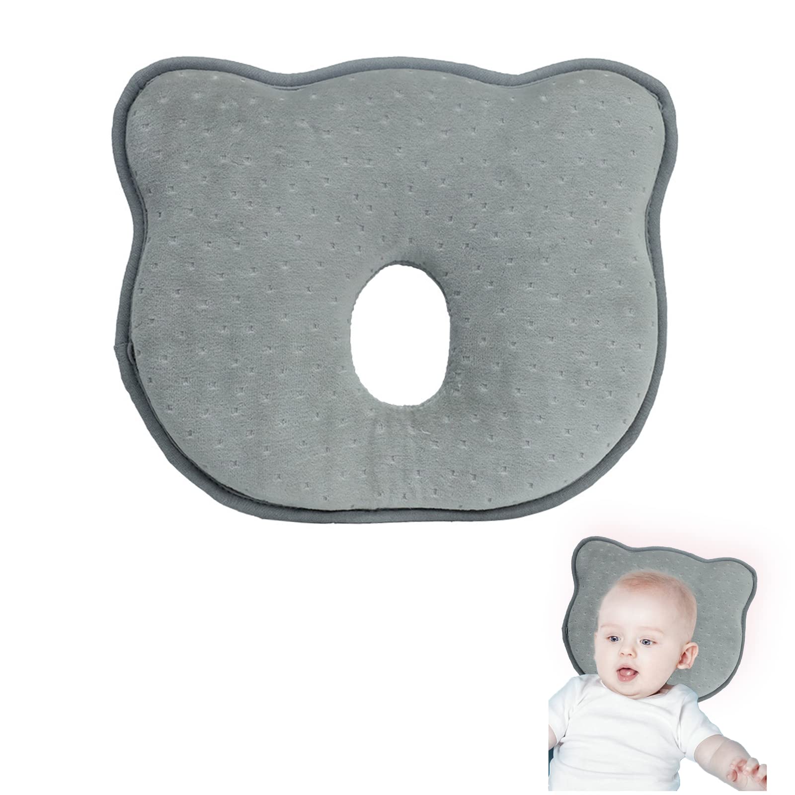 AMOCHY Flat Head Baby Pillow for Newborns & Infants - Soft & Comfortable Anti-Flat Head Syndrome Pillow for Safe Sleep, Head Support & Prevention (Grey) - Perfect for Cribs, Bassinets & Strollers