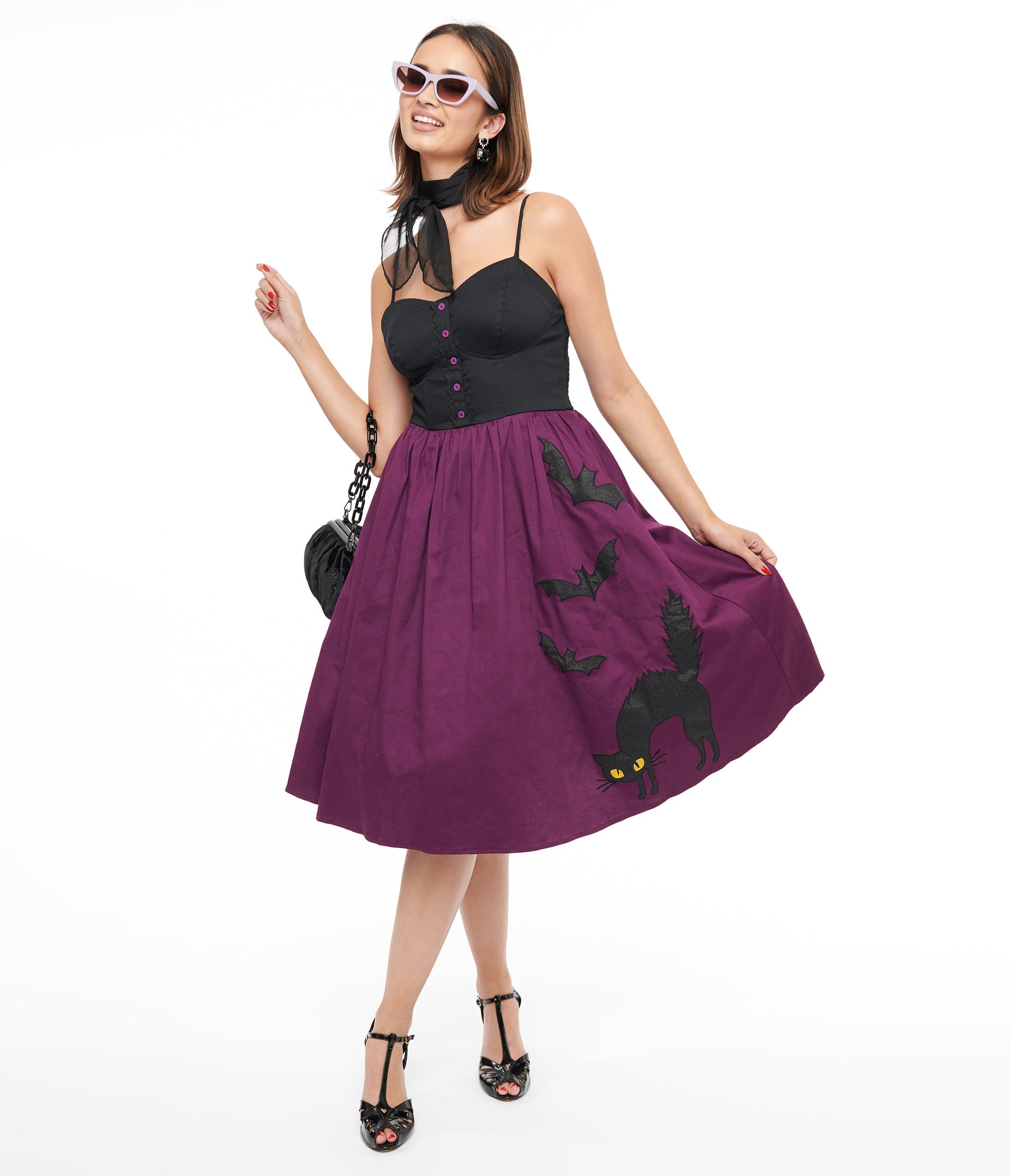 Vintage 1950s Purple & Black Glitter Cat Swing Dress - Retro Rockabilly Party Outfit for Halloween, Cosplay & Pinup Fashion