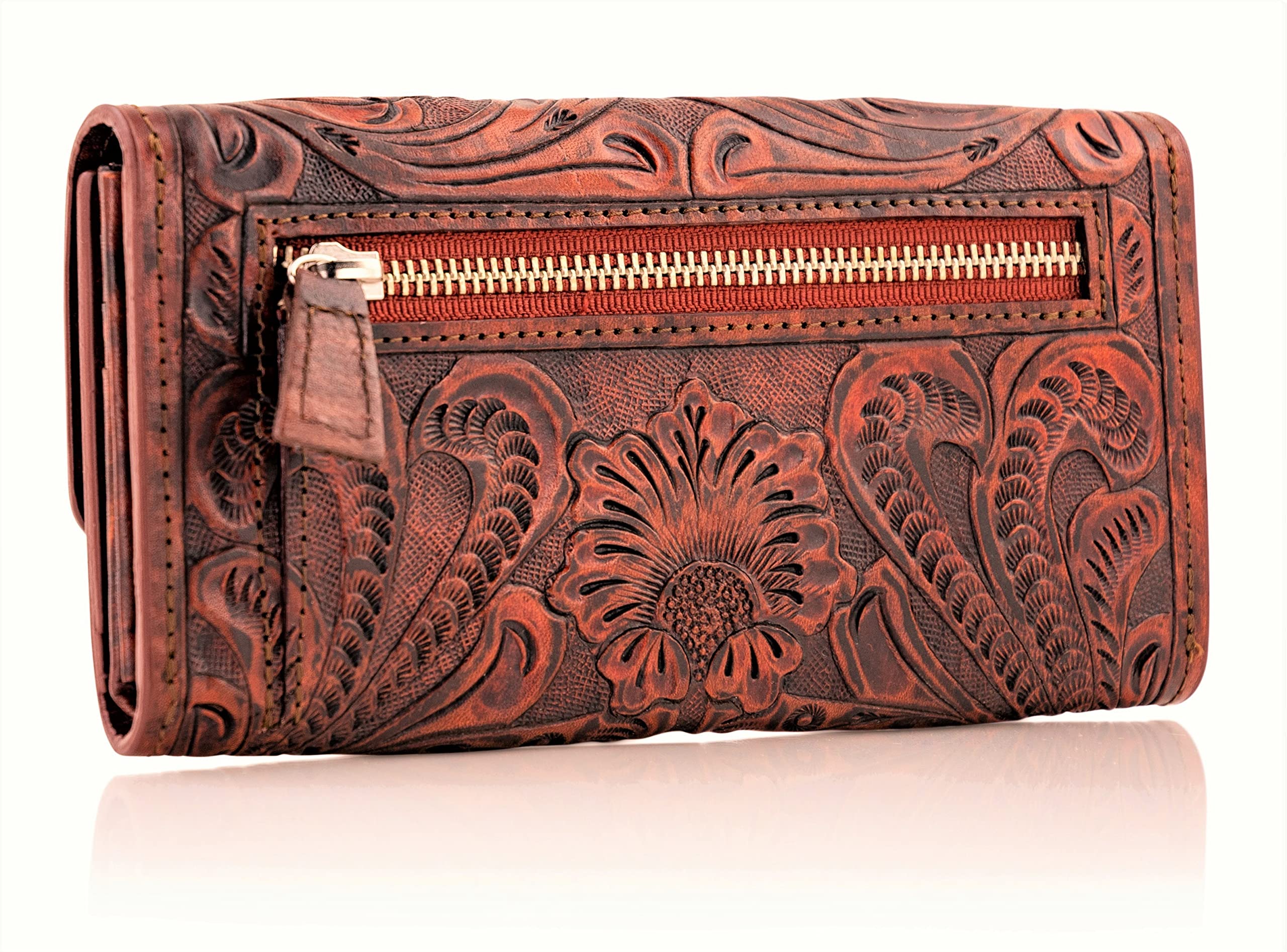 Mauzari Geneva Women's Tooled Leather Wallet - Genuine Koa Leather RFID Blocking Bifold Wallet for Women - Perfect for Everyday Use, Travel & Gift Giving