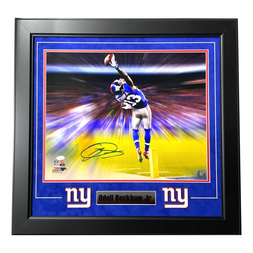 Odell Beckham Jr Autographed New York Giants Football Memorabilia - Signed 16x20 Framed Photo with JSA COA (11/23/14) - Perfect for Sports Collectors, Man Cave Decor & Giants Fan Gifts