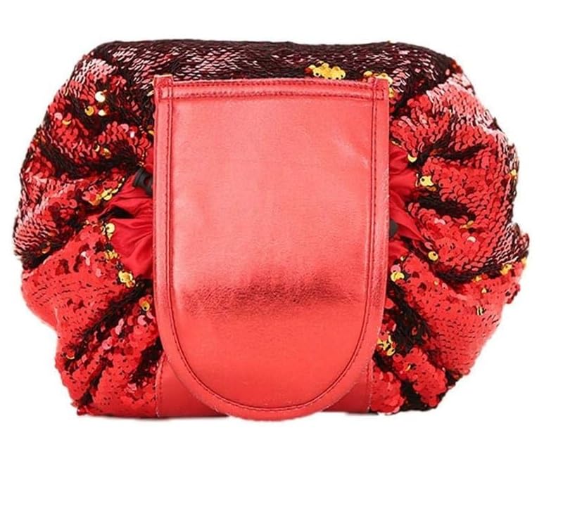 Blue Beads Red Mermaid Sequin Women's Drawstring Cosmetic Bag - Travel Makeup Organizer & Toiletry Pouch for Women | Perfect for Travel, Gym, Beach & Daily Essentials Storage