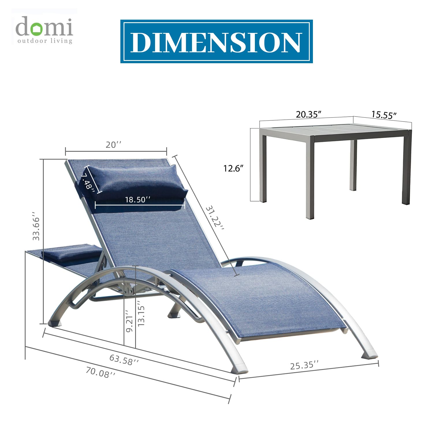 **Domi 3-Piece Aluminum Lounge Chair Set - Adjustable Outdoor Chaise Lounge for Pool, Garden & Beach - Includes 2 Pool Chairs & 1 Side Table (Blue) - Perfect for Relaxing by the Pool, Sunbathing, or Outdoor Lounging**