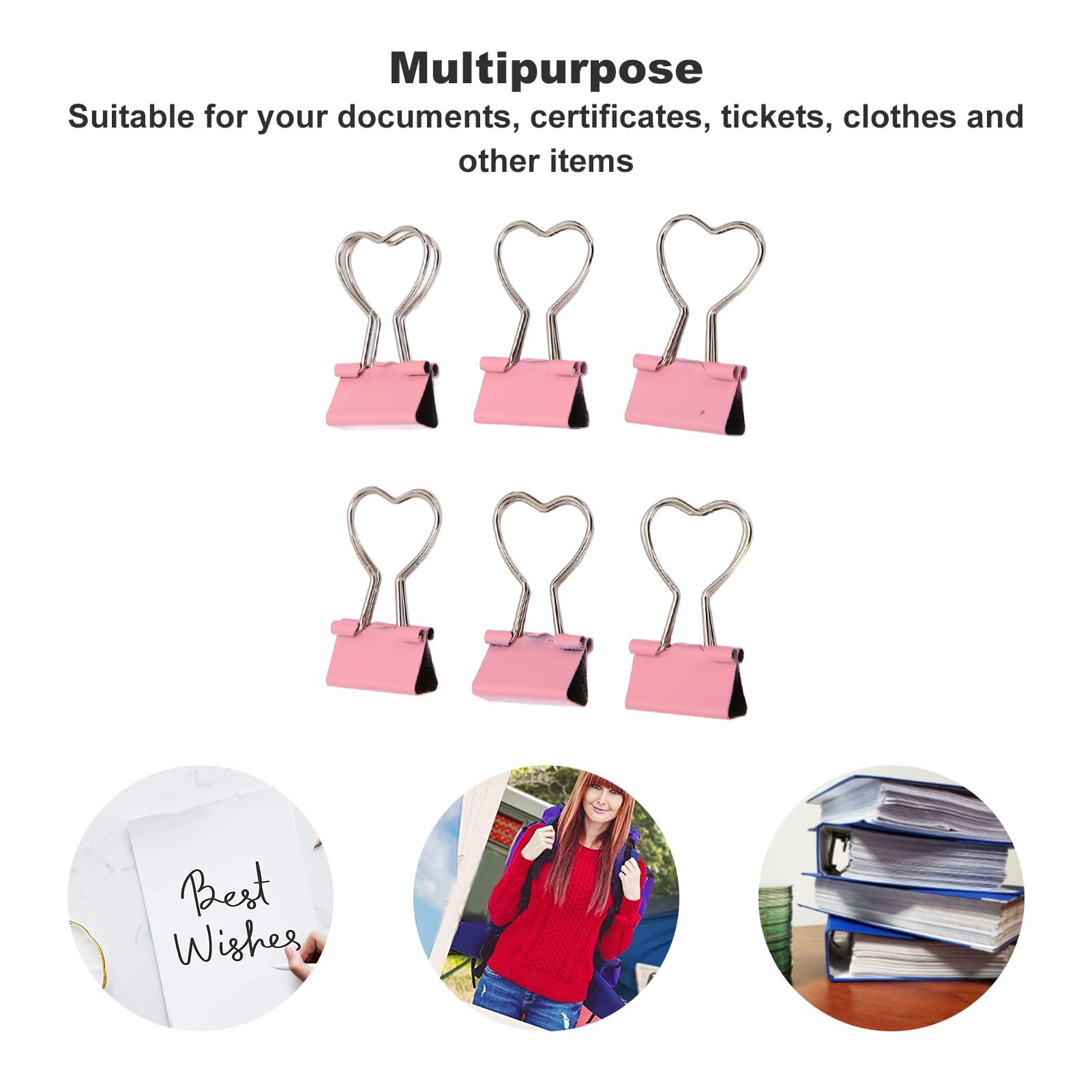 Aladeno 60pcs Heart-Shaped Binder Clips - Pink Office Supplies with Strong Clamping Force for Paper, Tickets, Clothes - Perfect for School, Office & Home Organization