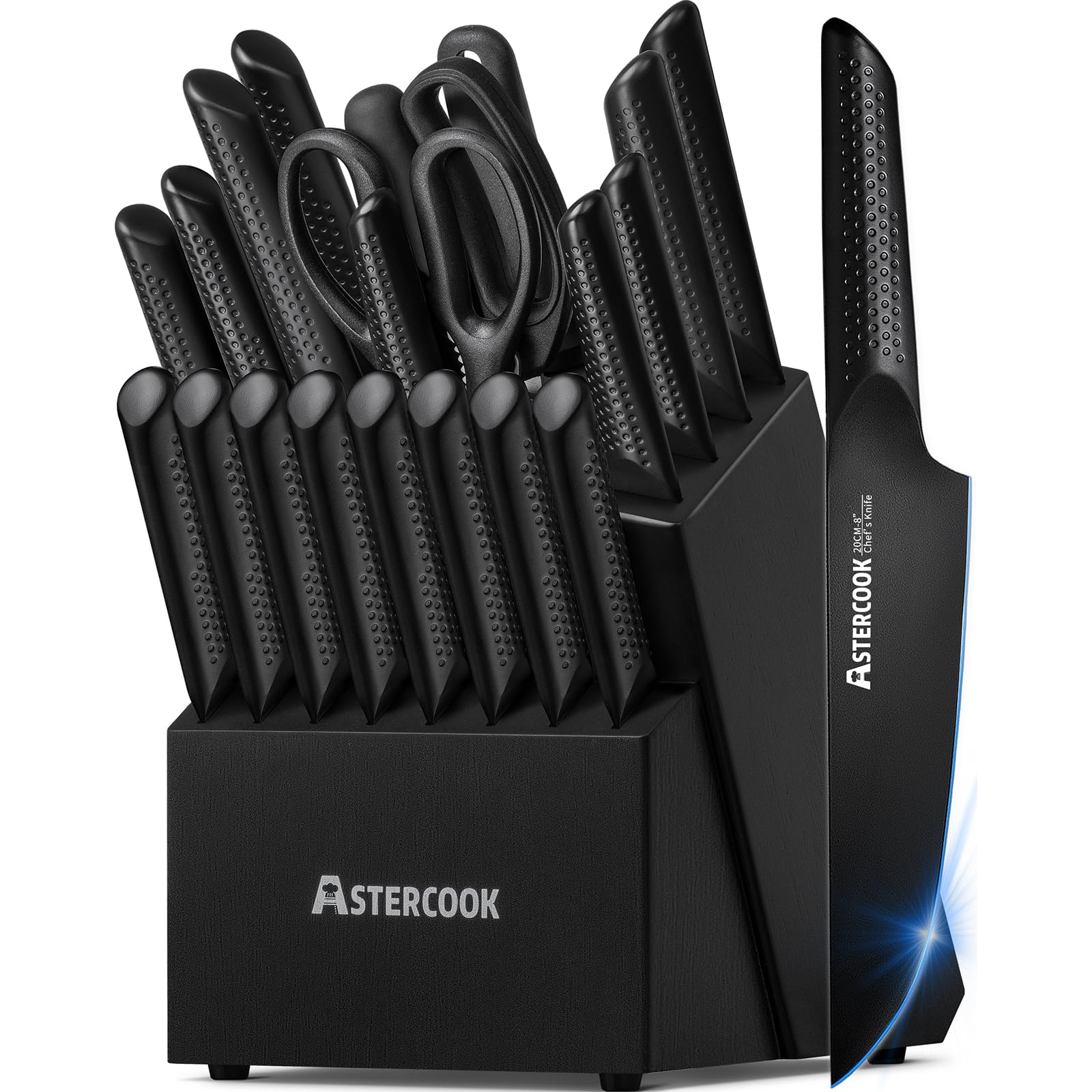Astercook 21-Piece German Stainless Steel Chef Knife Set with Wooden Block - Professional Kitchen Knives for Cooking, Slicing & Chopping - Dishwasher Safe Black Knife Set for Home Chefs & Culinary Enthusiasts