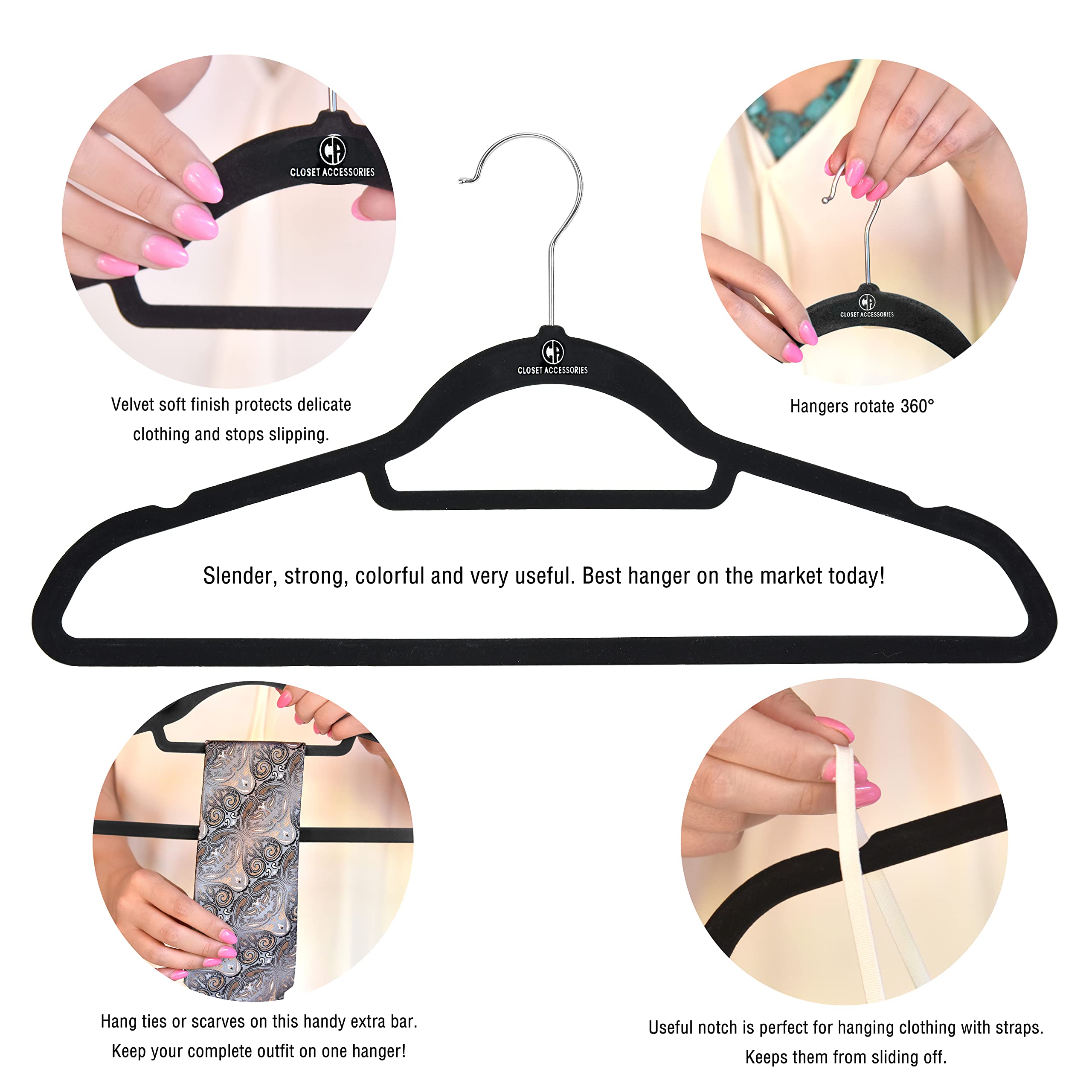 50 Pack Velvet Hangers with Tie Bar & Non-Slip Shoulders - Heavy Duty Closet Organizers for Suits, Dresses & Coats - Space Saving 360° Chrome Hook Hangers (Black) - Perfect for Wardrobe Organization & Travel Luggage