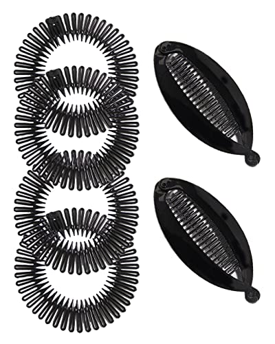 6-Piece Stretch Comb Headbands Set - Banana Hair Clips & Circular Hairbands with Flexible Teeth for Women & Girls (Black Mix) | Perfect for Workouts, Yoga, Sports & Everyday Hairstyling