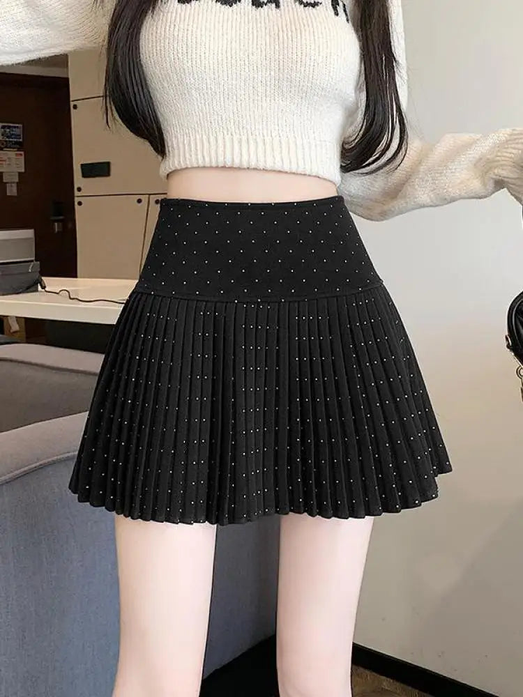 Women's High Waist Slim Pleated Wool Mini Skirt - Black, Blue, Brown | Diamond Pattern | Autumn Winter Fashion | College Style | Perfect for Festivals, Parties & Casual Wear