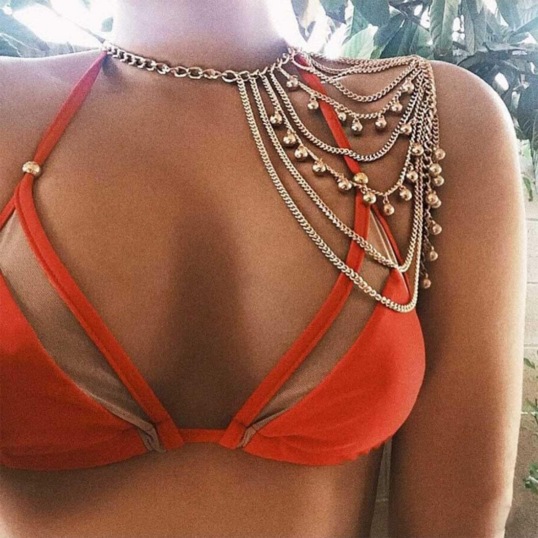 Bramian Gold Multilayered Tassel Ball Shoulder Chain Harness - Stylish Body Jewelry for Women & Girls - Perfect for Beach Parties, Music Festivals & Boho Fashion
