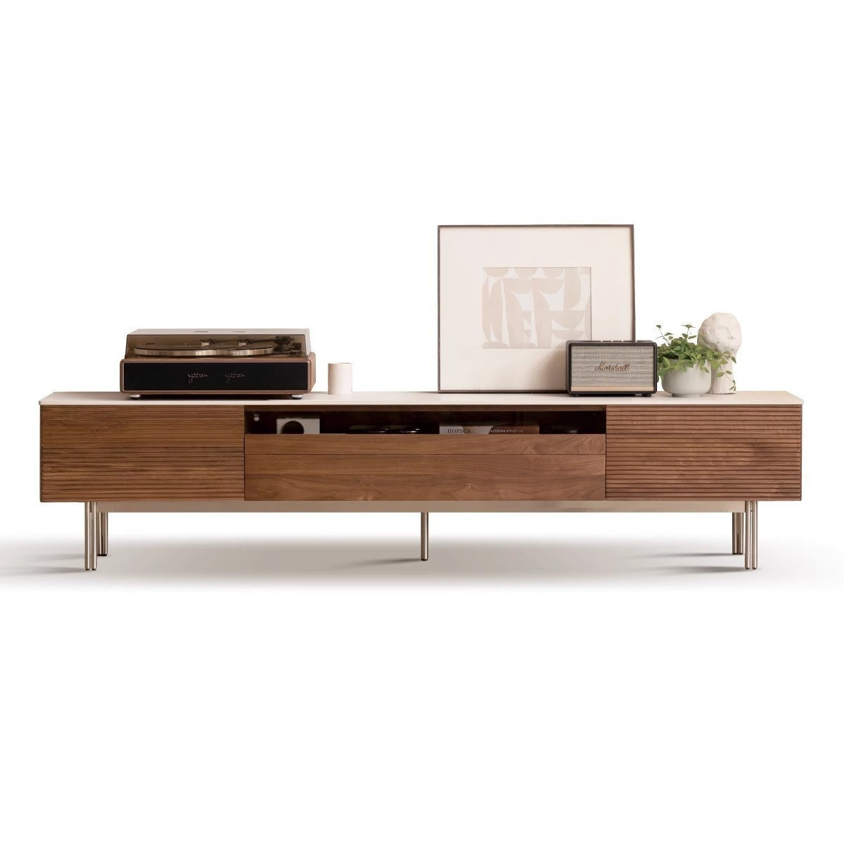 Modern Black Walnut Solid Wood TV Stand with Rock Panel Design - Stylish Entertainment Center for Living Room, Home Theater & Media Storage